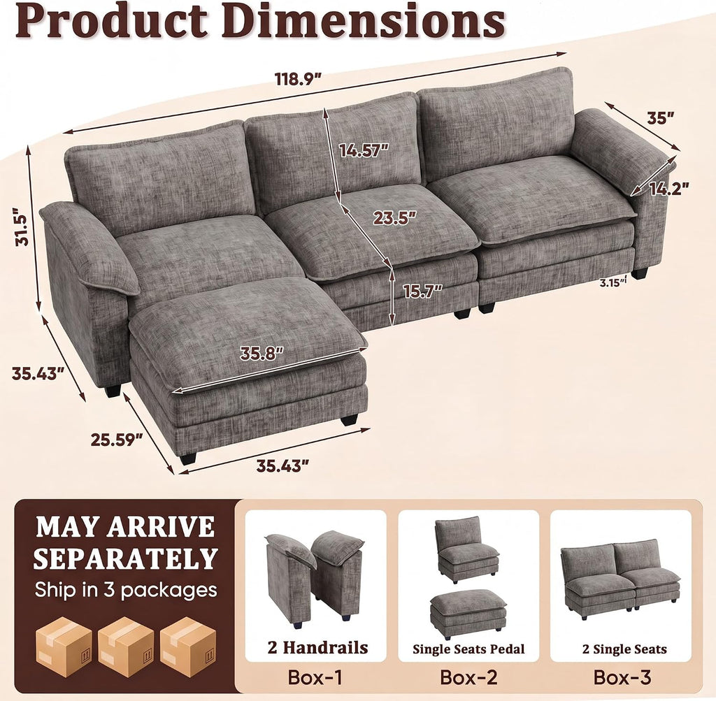 118.9" L Shaped Sectional Couch, Modular Cloud Sofa, Light Grey | Comfy Chenille, Movable Ottoman, Deep Seat, Double Layer Cushion, 3 Seat, High-Density Foam, for Living Room