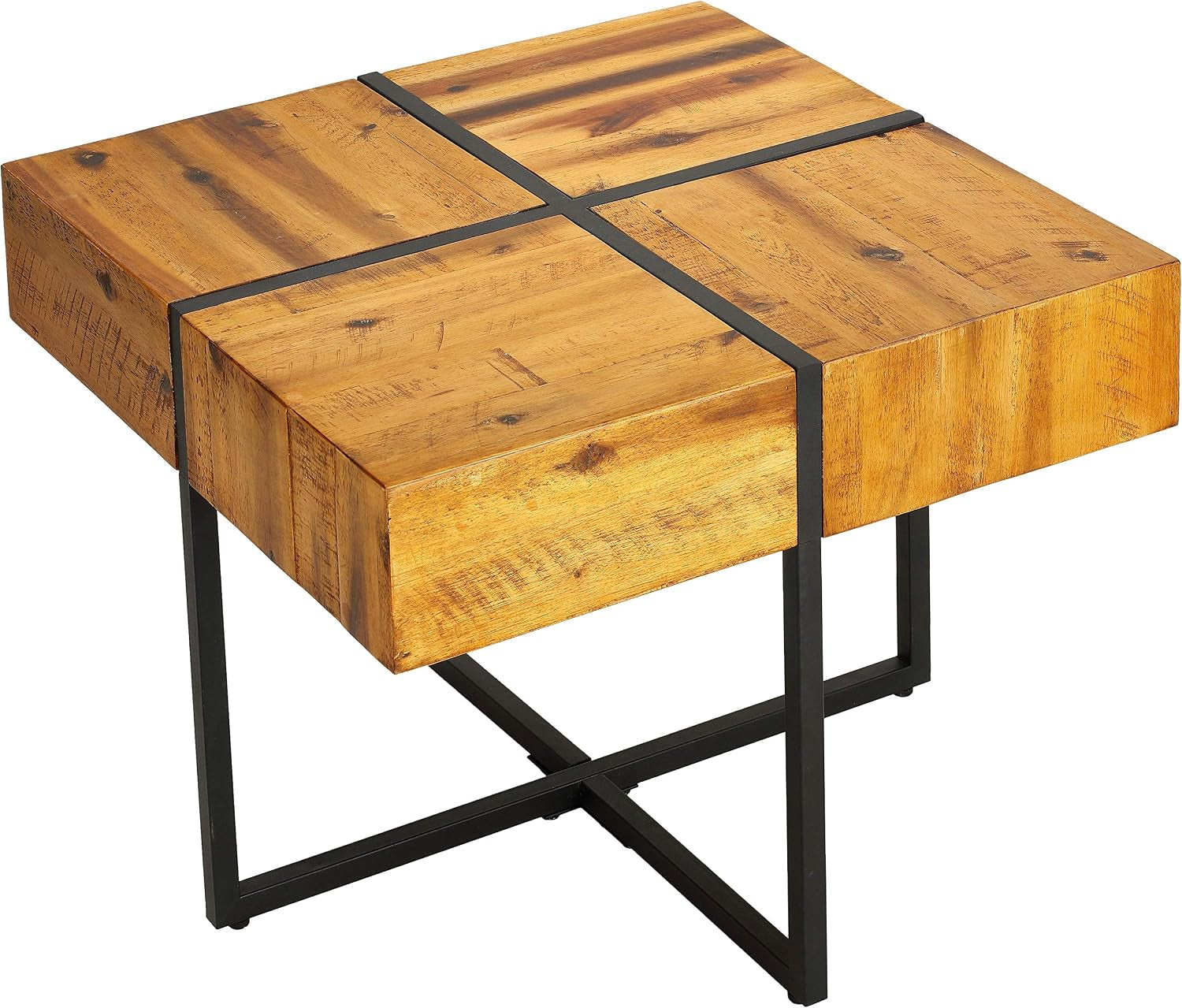Landon End Table, Solid Wood with Black Metal Frame