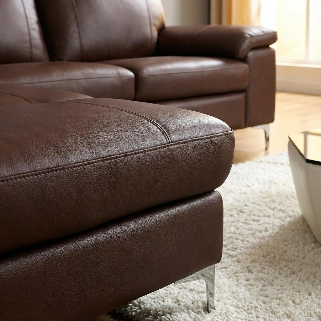 Contemporary Dallas Genuine Leather Sectional Sofa with Left Side Facing Chaise Lounge, Brown 80"X98"