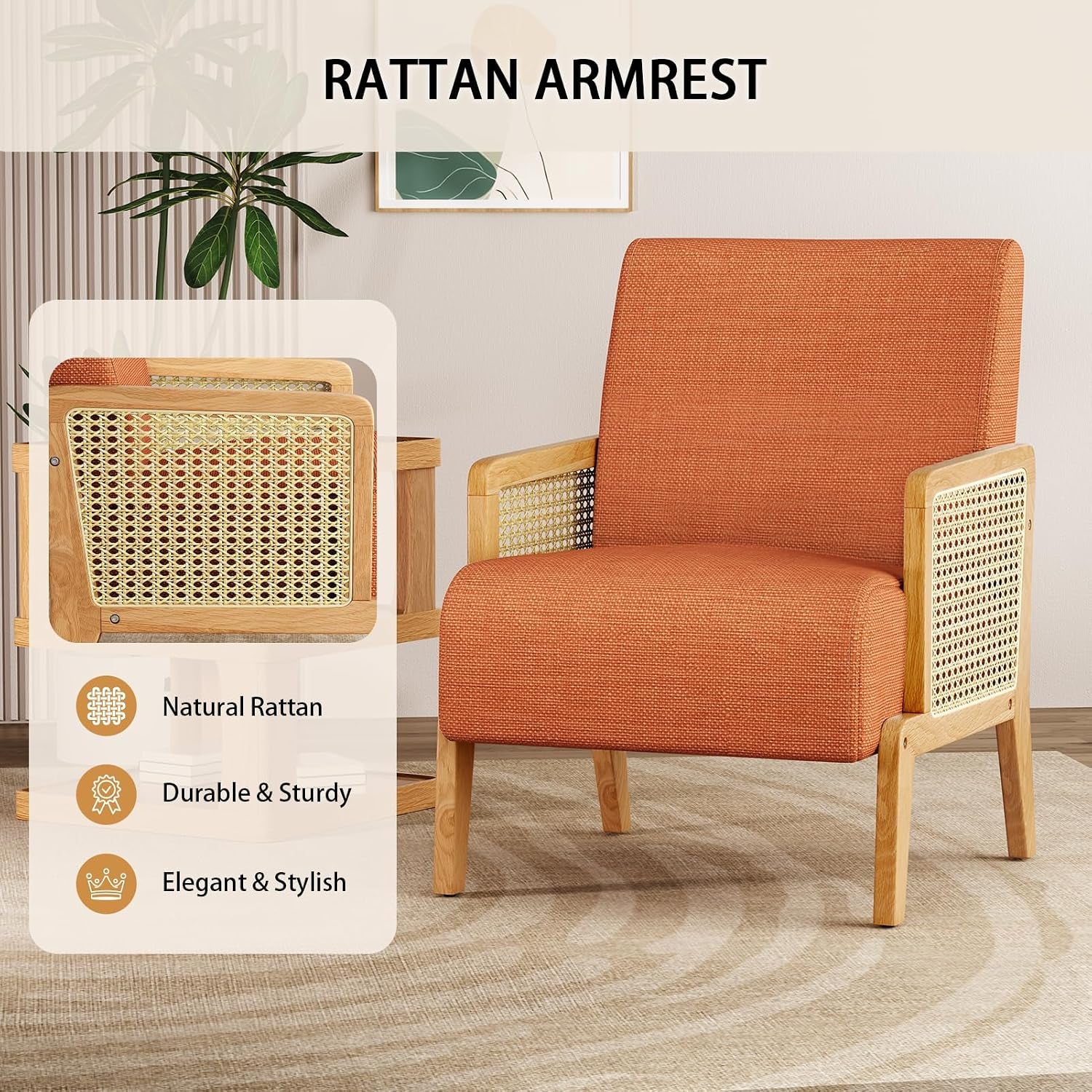 Modern Accent Chair with Rattan Armrest, Linen Fabric Arm Chair with Ash Wood Legs, Orange Accent Chair for Living Room, Bedroom, Balcony