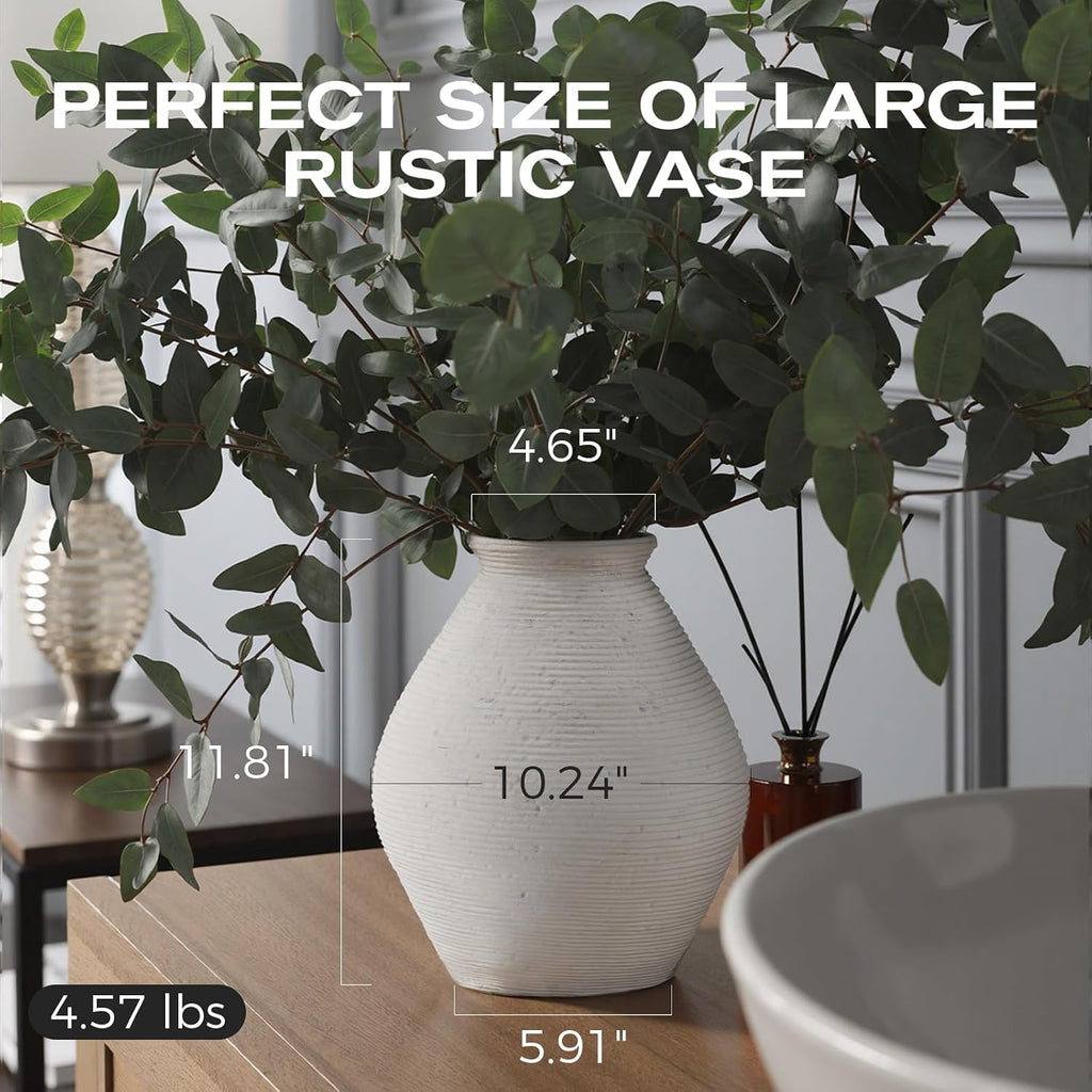 Ceramic Large Rustic round Vase-11.8" Beige Pottery Textured White Ceramic Vase-Big Terracotta Vase Large Vases for Decor Living Room, Farmhouse Decor, Bedroom, Bathroom-(Off-White)