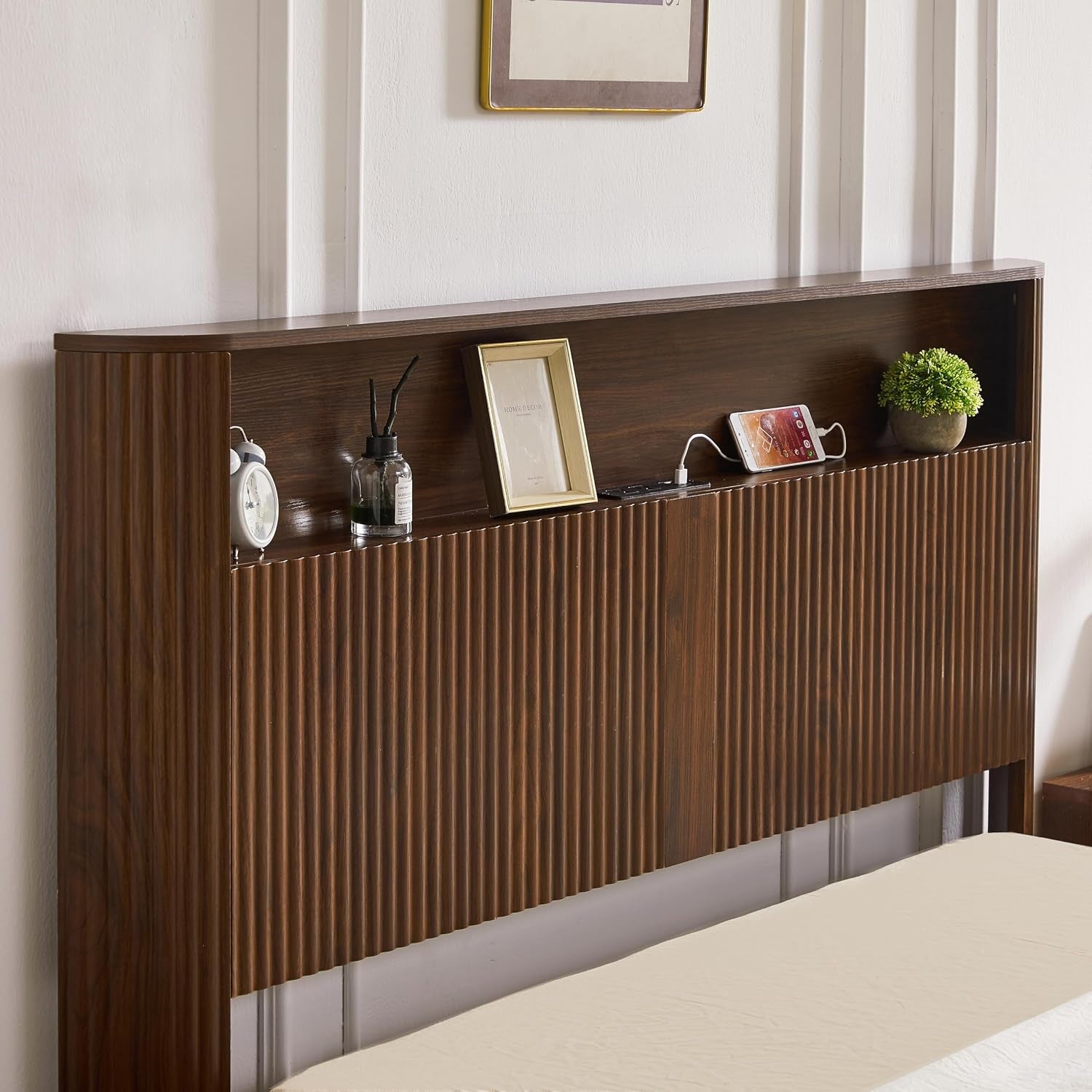 Full XL Bed Frame with Storage Headboard and Charging Station, Wavy Curved Design, Noise-Canceling, Metal Support, Walnut Finish, Full Extra Long Mattress Compatible, Walnut