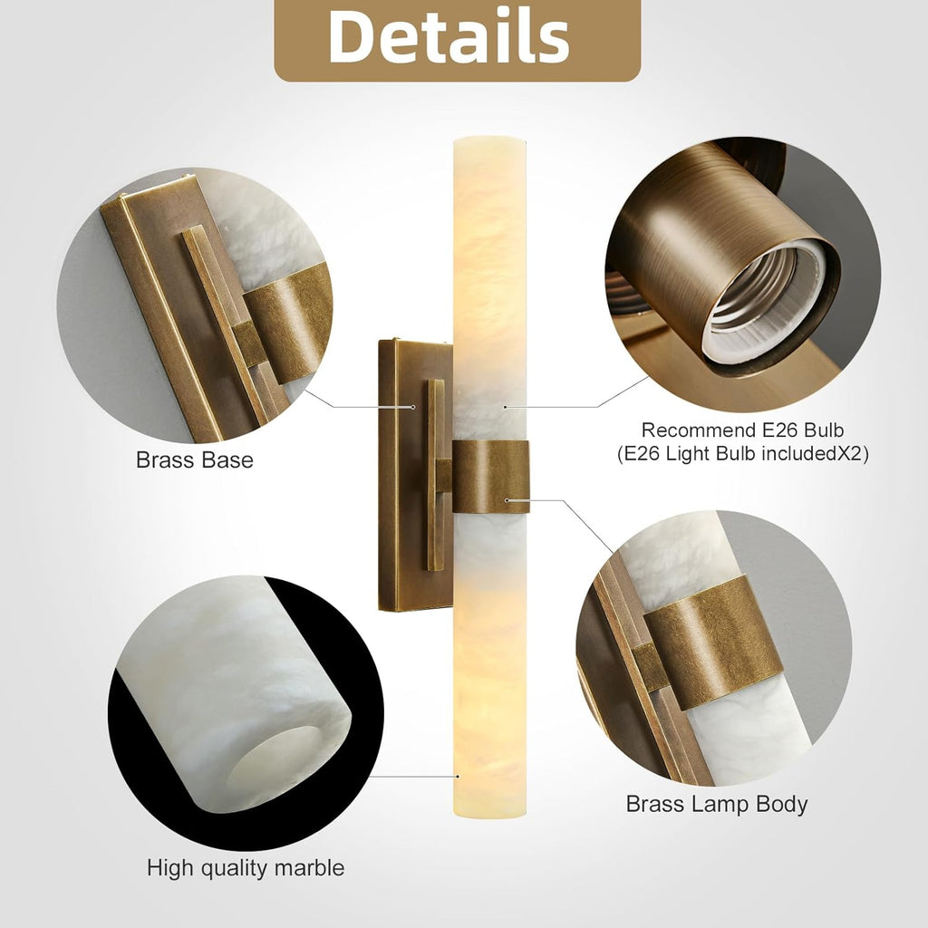 Natural Alabaster Wall Sconce, Brass Wall Sconce, Modern Bronze Marble Sconce, Rust Resistant Vintage Indoor Vanity Wall Light, Lighting for Bathroom Living Room Dining Room Kitchen Bedroom Hallway