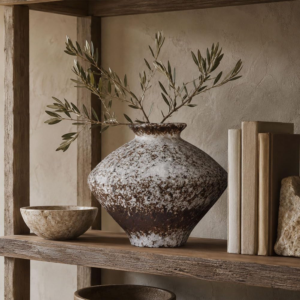 Wabi Sabi Rusty Vintage Vase, 11.4" Tall Wabi Sabi Decor Rustic Farmhouse Pottery Vase for Centerpiece, Textured Pottery Flower Vases for Home Decorative, Table, Living Room (Rusty White, Large)