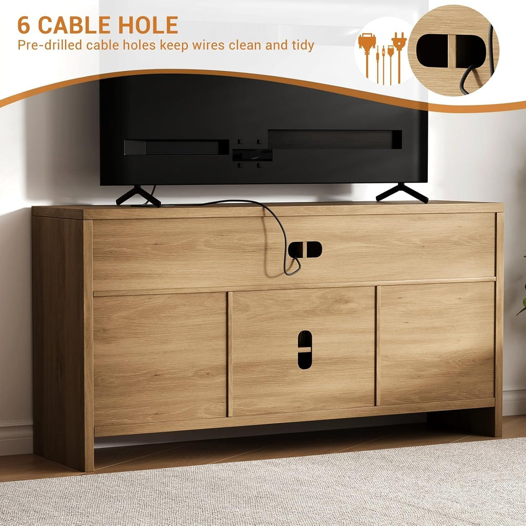 58 in Rattan TV Stand, Natural Oak Entertainment Center-Brown | for Tvs up to 65 Boho Style,Adjustable Shelves Storage,Wooden Console Cabinet for Living Room,Bedroom, Farmhouse