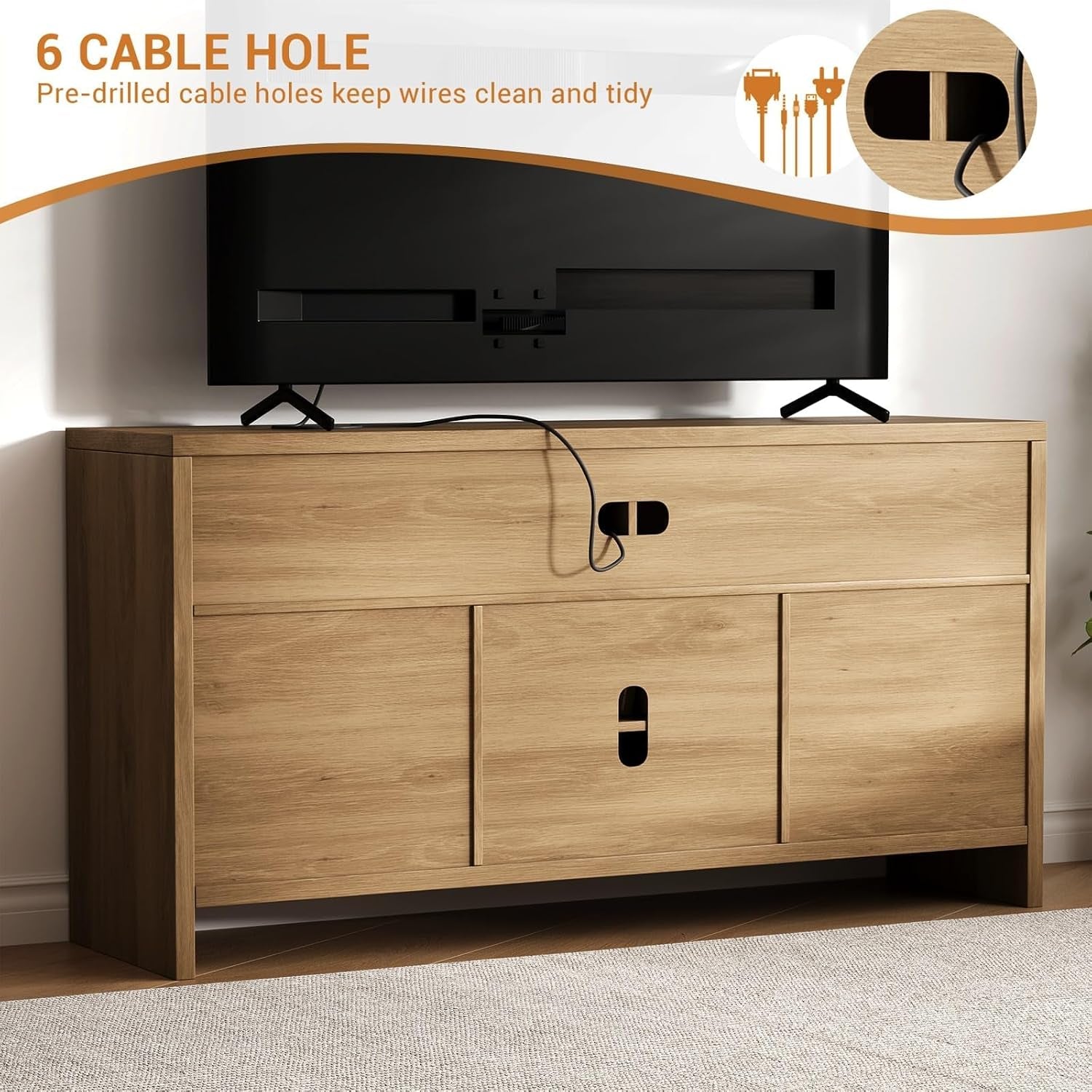 58 in Rattan TV Stand, Natural Oak Entertainment Center-Brown | for Tvs up to 65 Boho Style,Adjustable Shelves Storage,Wooden Console Cabinet for Living Room,Bedroom, Farmhouse