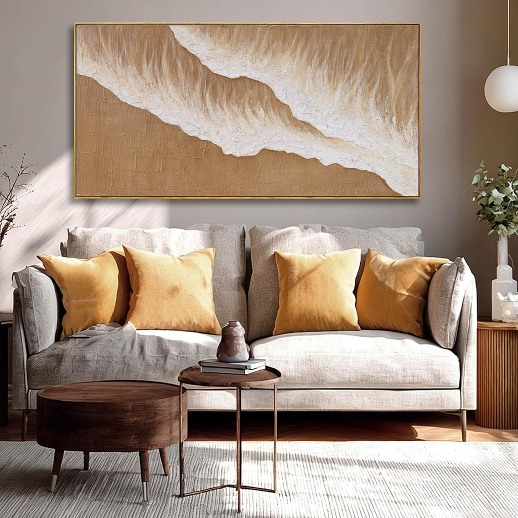 Neutral Beige Textured Canvas Prints 24X48 Inch, Large Framed Artwork with Wooden Frame, Modern Abstract Home Decoration for Bedroom Living Room or Office