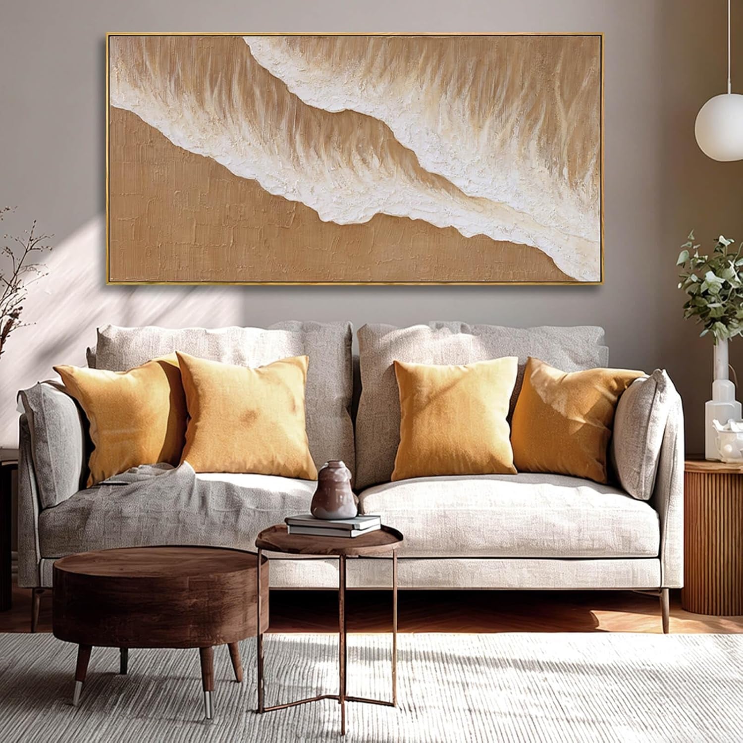 Neutral Beige Textured Canvas Prints 24X48 Inch, Large Framed Artwork with Wooden Frame, Modern Abstract Home Decoration for Bedroom Living Room or Office