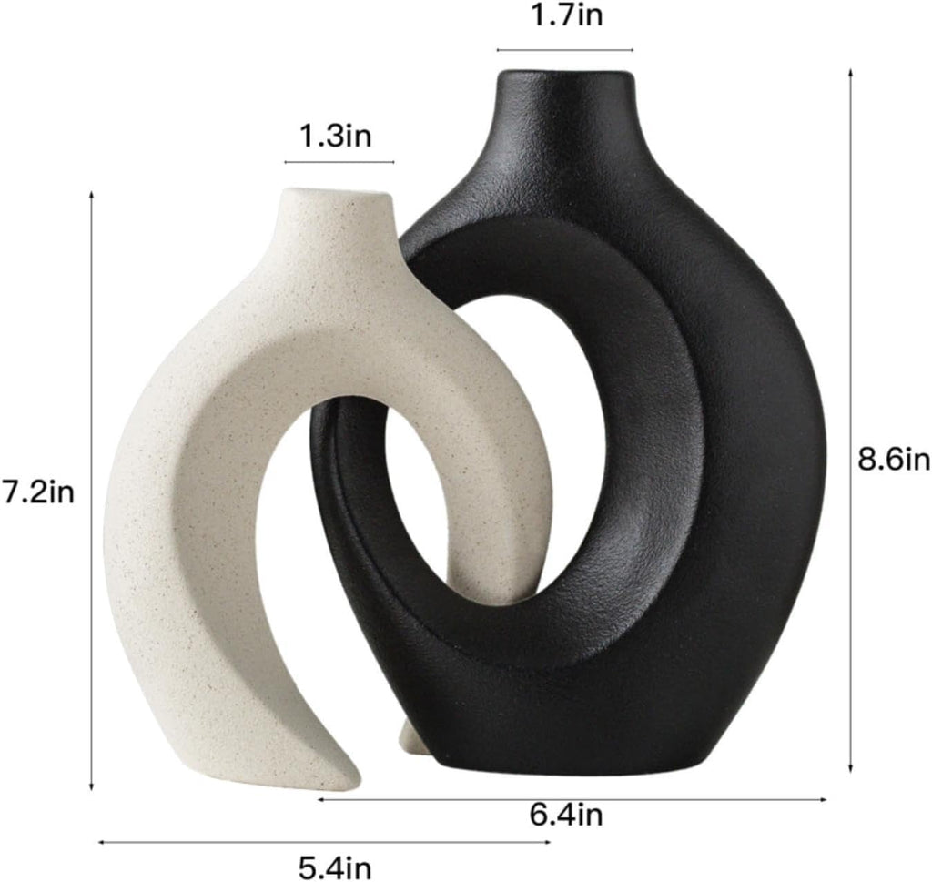 Black and Off-White Snuggle Hollow Ceramic Vase Set of 2 | Nordic Minimalist Aesthetic Snuggle Vases for Table Centerpiece Dining Living Room Book Shelf Decoration (W 6.3" X H 8.4")