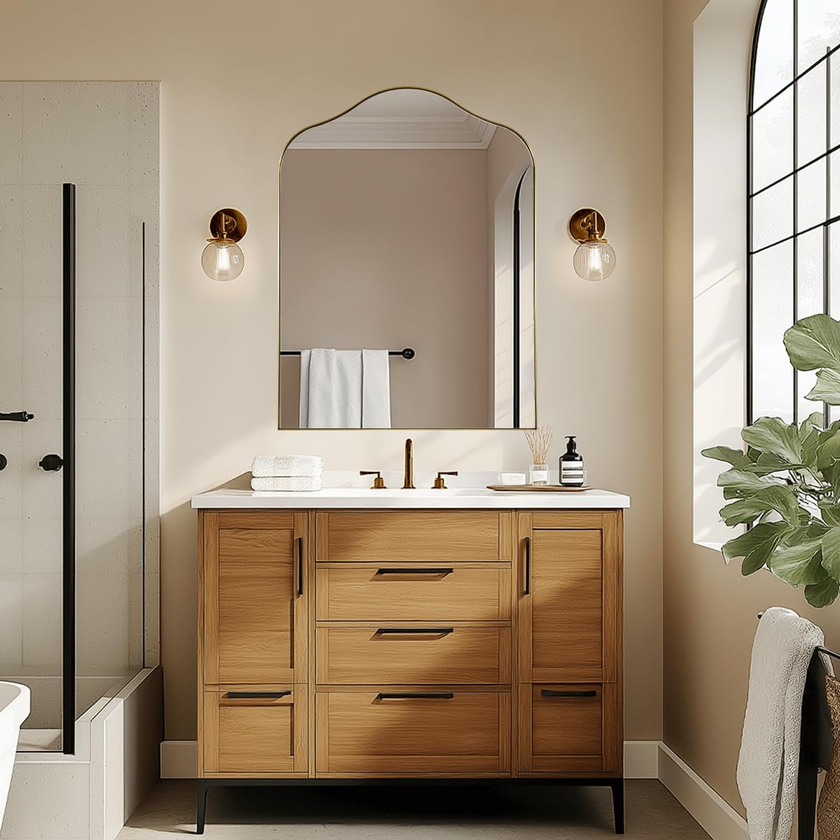 Brushed gold scalloped arched wall mirror