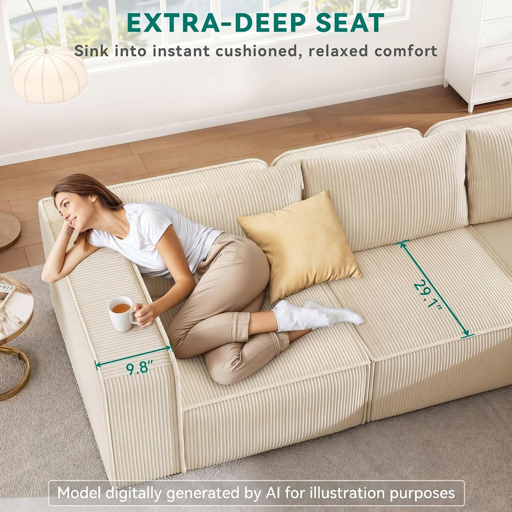 Oversized Deep Modular Sectional Sofa, 3-Seat Couch with 3 Pillows | Corduroy Sectional Couches for Living Room, Apartment, Office, Hotel, Bedroom, No Assembly Needed, Milky White