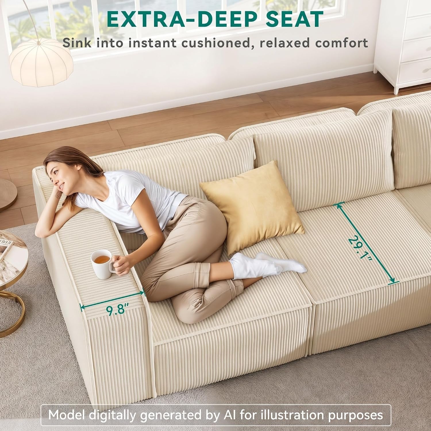 Oversized Deep Modular Sectional Sofa, 3-Seat Couch with 3 Pillows | Corduroy Sectional Couches for Living Room, Apartment, Office, Hotel, Bedroom, No Assembly Needed, Milky White