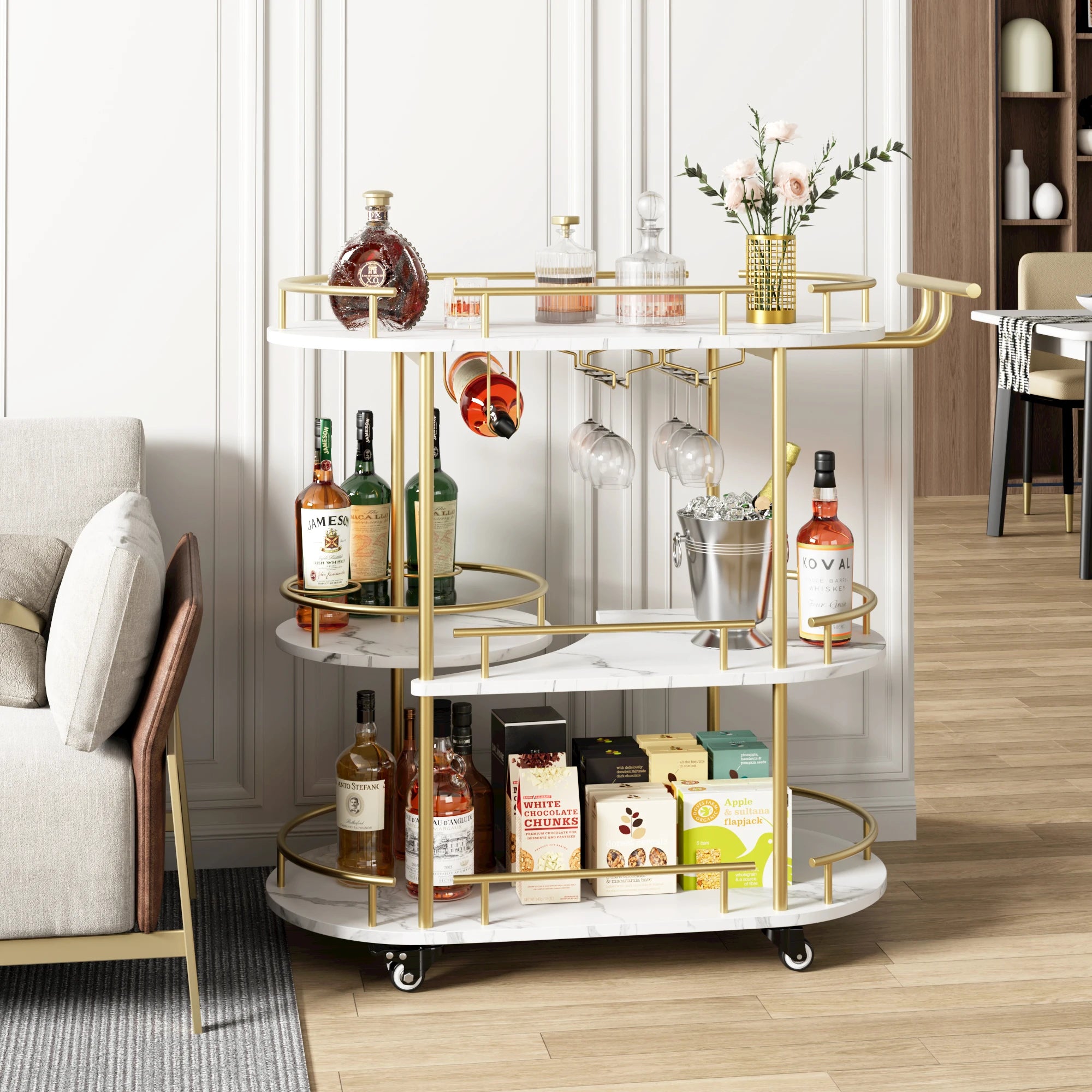 Gold Bar Cart 3 Tier Bar Carts for the Home Rotated Bar Cart Gold with Wine Rack and Glass Holder, Bar Serving Cart with Wheel