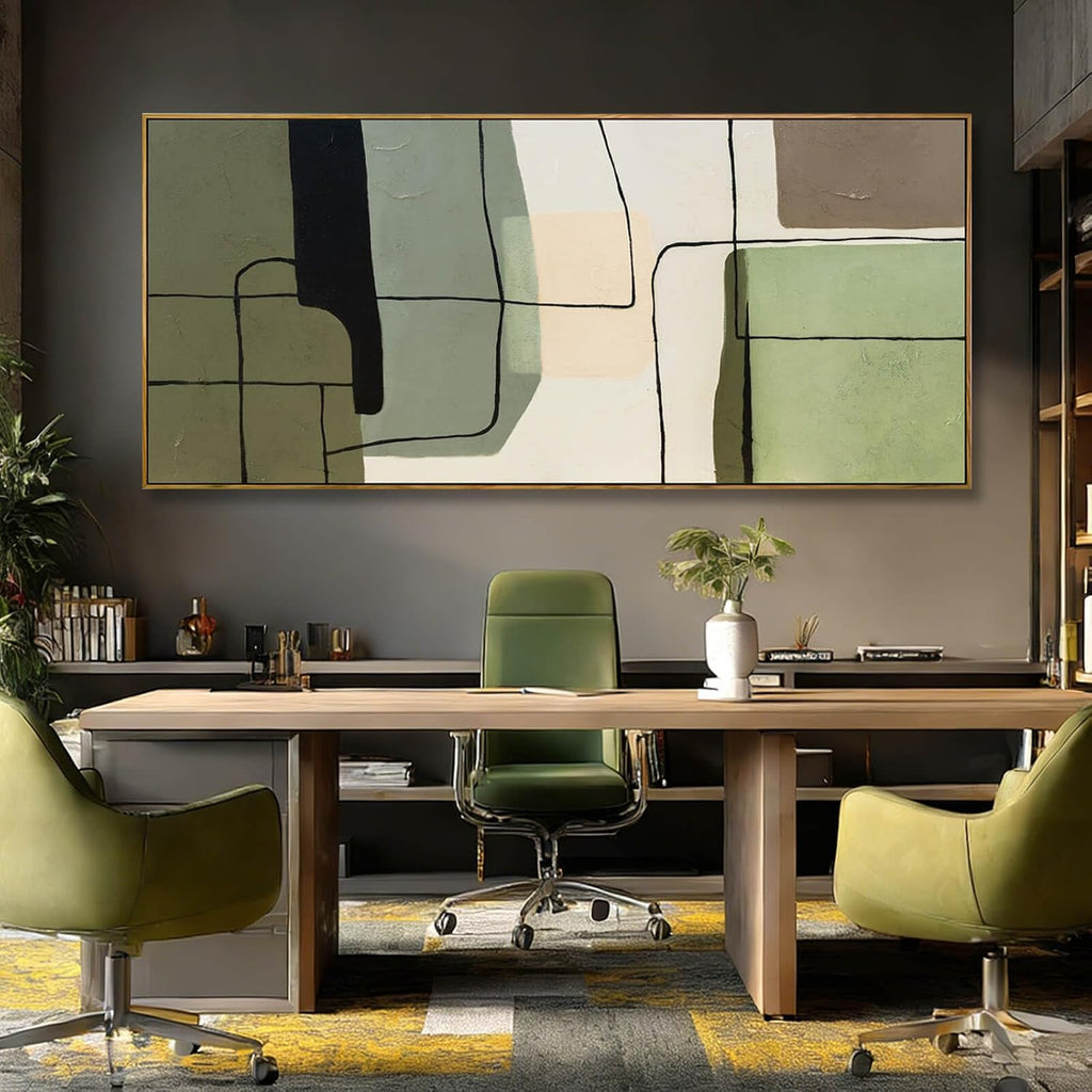 Green and beige abstract framed canvas wall art