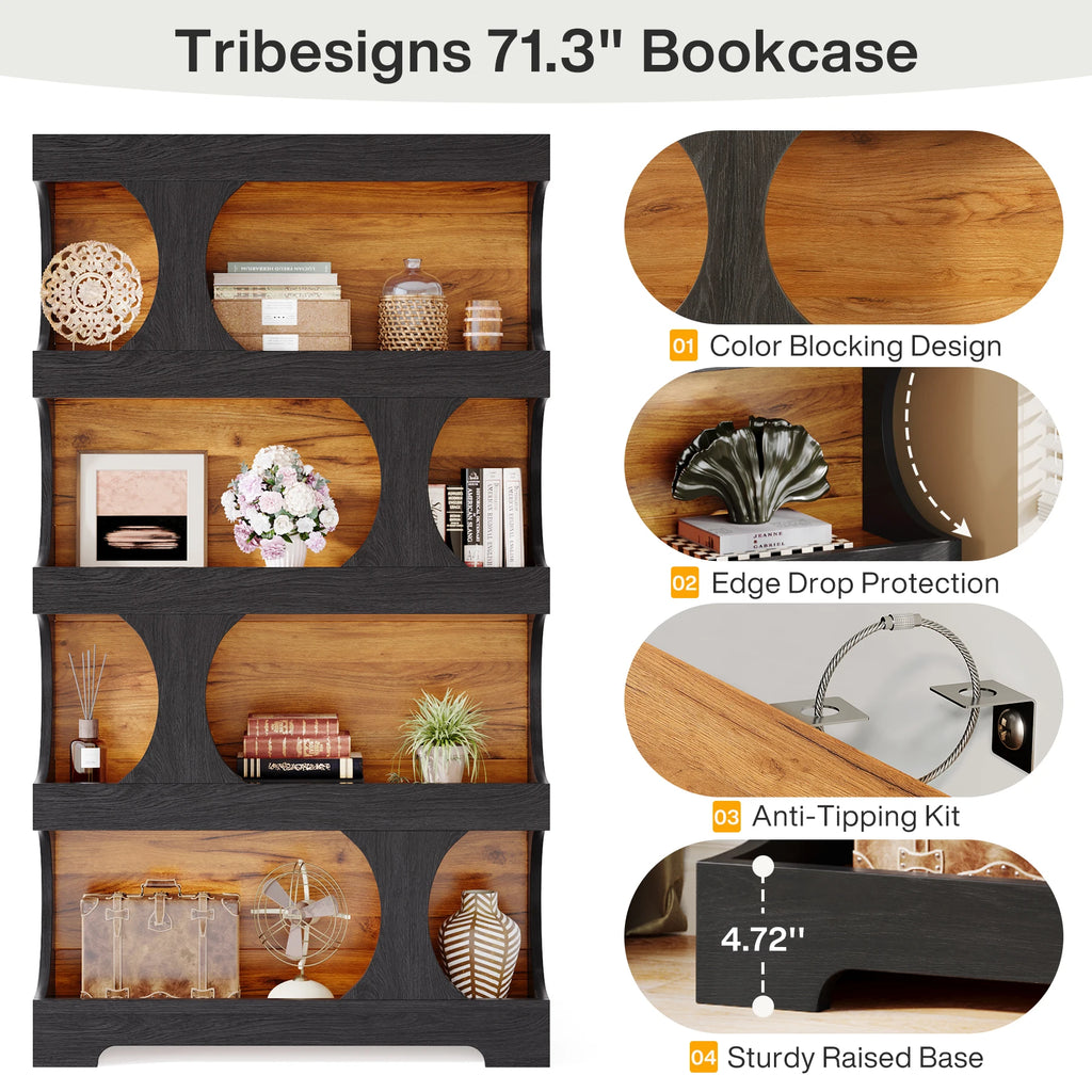 71" Tall Bookcase, 4-Tier S-Shaped Bookshelf, Wood Decorative Storage Shelving, Modern Freestanding Display Shelves