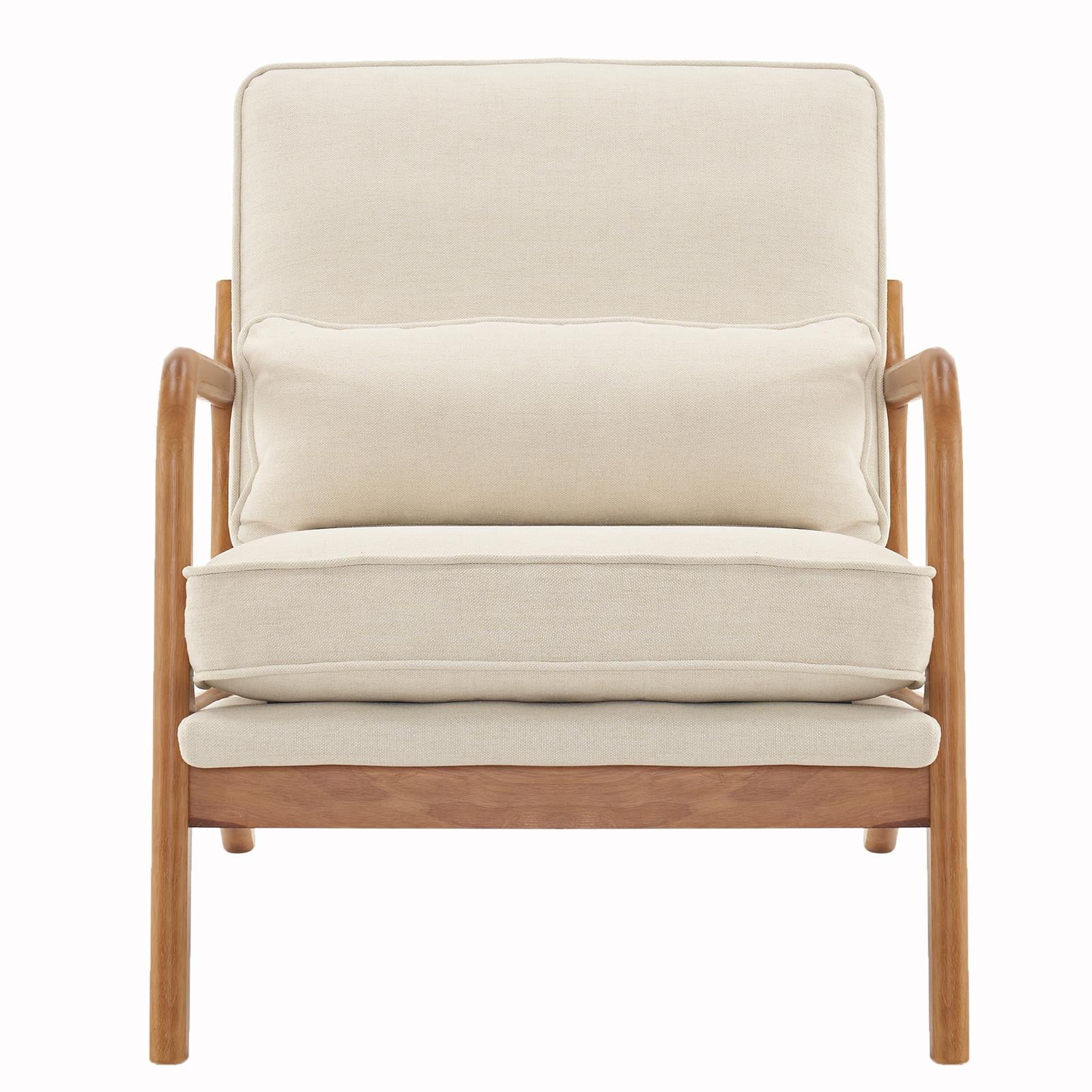 Modern Arm Chair Linen Fabric Upholstered Comfy Reading Accent Chair with Solid Wood Frame Beige