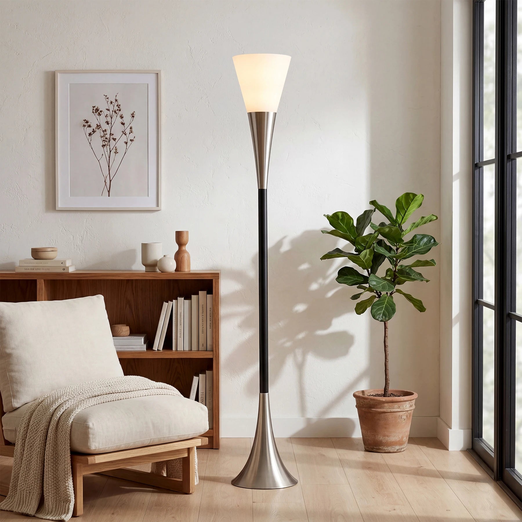 72.8" Farmhouse Floor Lamp with Sandblasted Glass Lampshade, Tall Standing Floor Lamp with Foot Pedal Switch