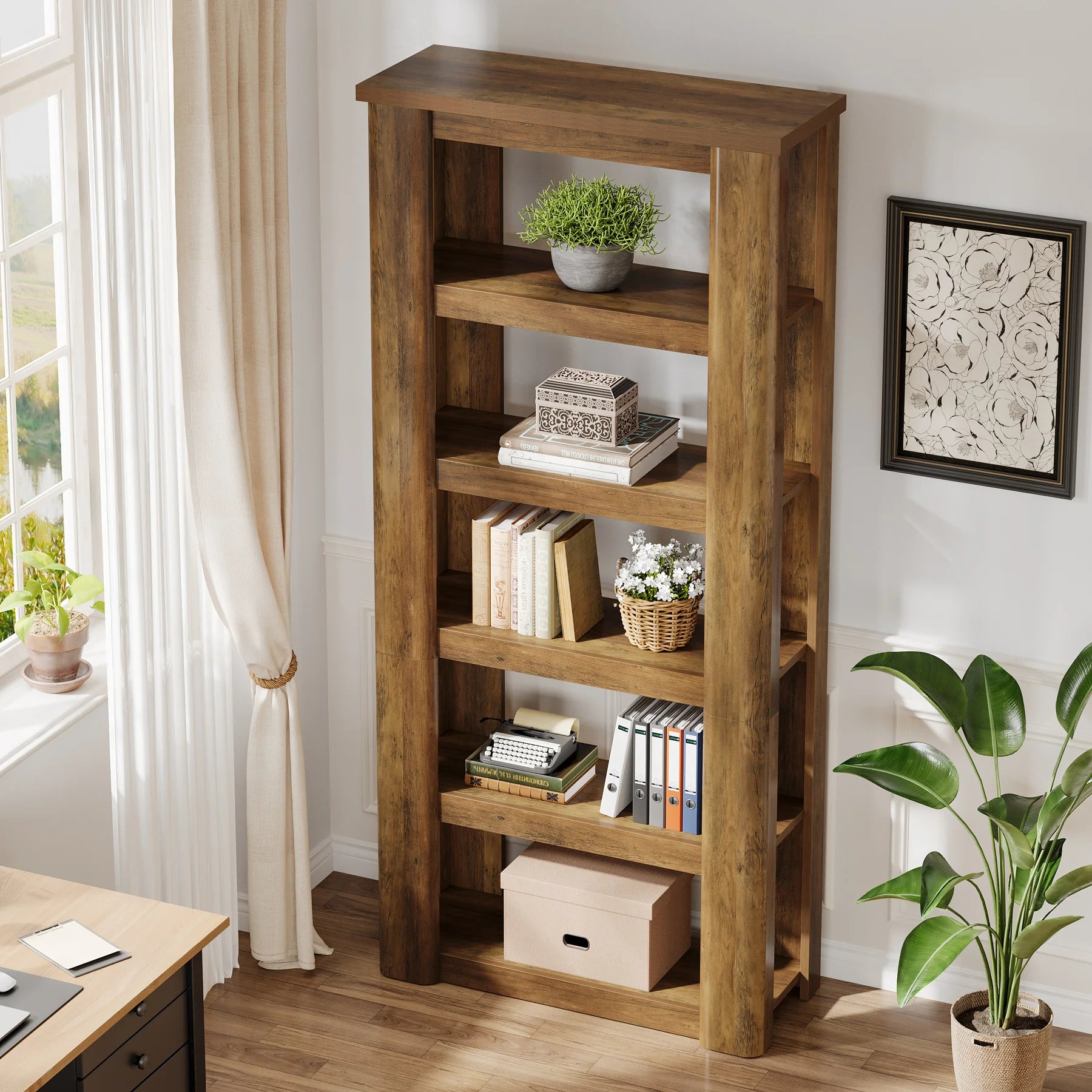 71" Tall Book Shelf, 6-Tier Open Bookshelf, Vintage Bookcase, Floor Standing Display Storage Shelves, for Study Room, Living Room, Home Office, Bedroom, Rustic Brown