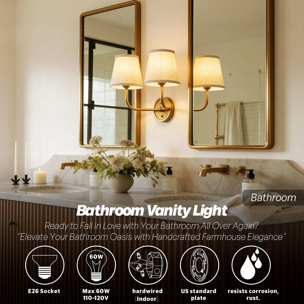 2-Light Vintage Wall Sconce,Brass Gold Double Wall Sconces with Linen Fabric Shade Hardwired Bathroom Vanity Light for Bedroom Living Room Bedside Kitchen Hallway Indoor E26 Base