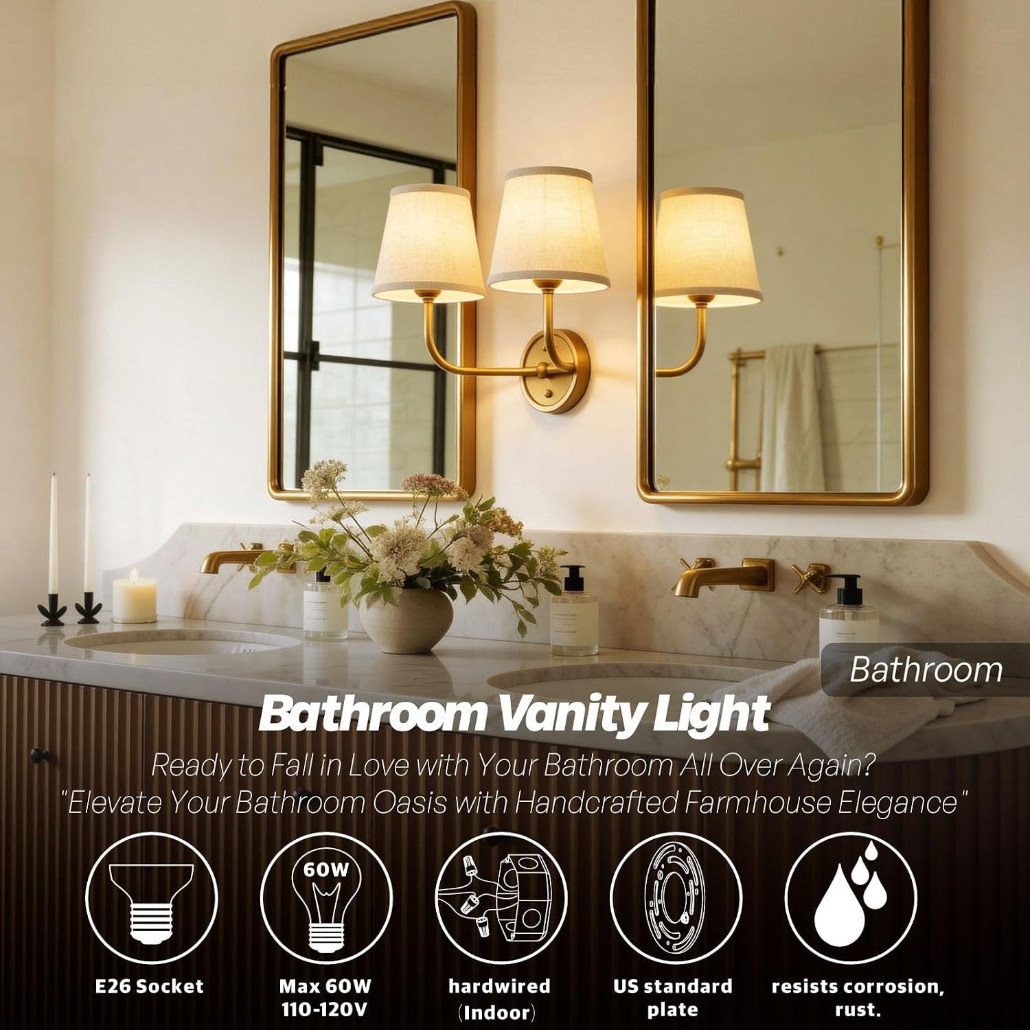 2-Light Vintage Wall Sconce,Brass Gold Double Wall Sconces with Linen Fabric Shade Hardwired Bathroom Vanity Light for Bedroom Living Room Bedside Kitchen Hallway Indoor E26 Base
