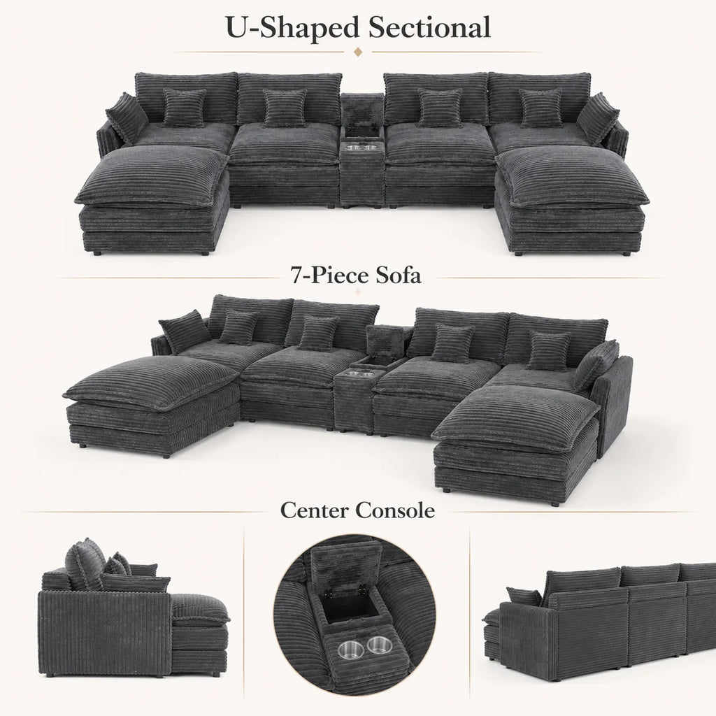 141" 7-Piece U-Shaped Sofa Set, Modular Sectional with Console, Coffee Table & 6 Pillows, for Large Living Room or Office