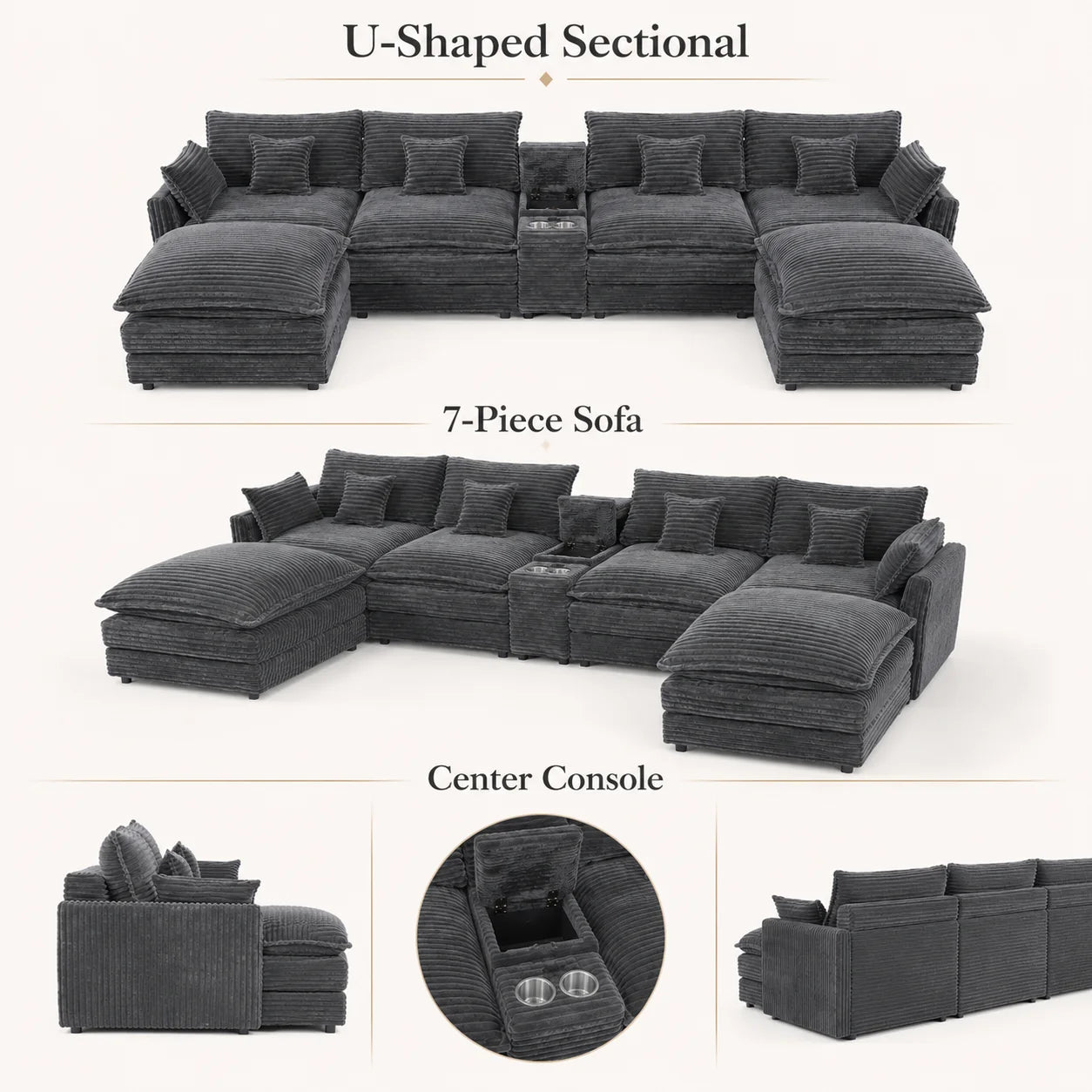 141" 7-Piece U-Shaped Sofa Set, Modular Sectional with Console, Coffee Table & 6 Pillows, for Large Living Room or Office