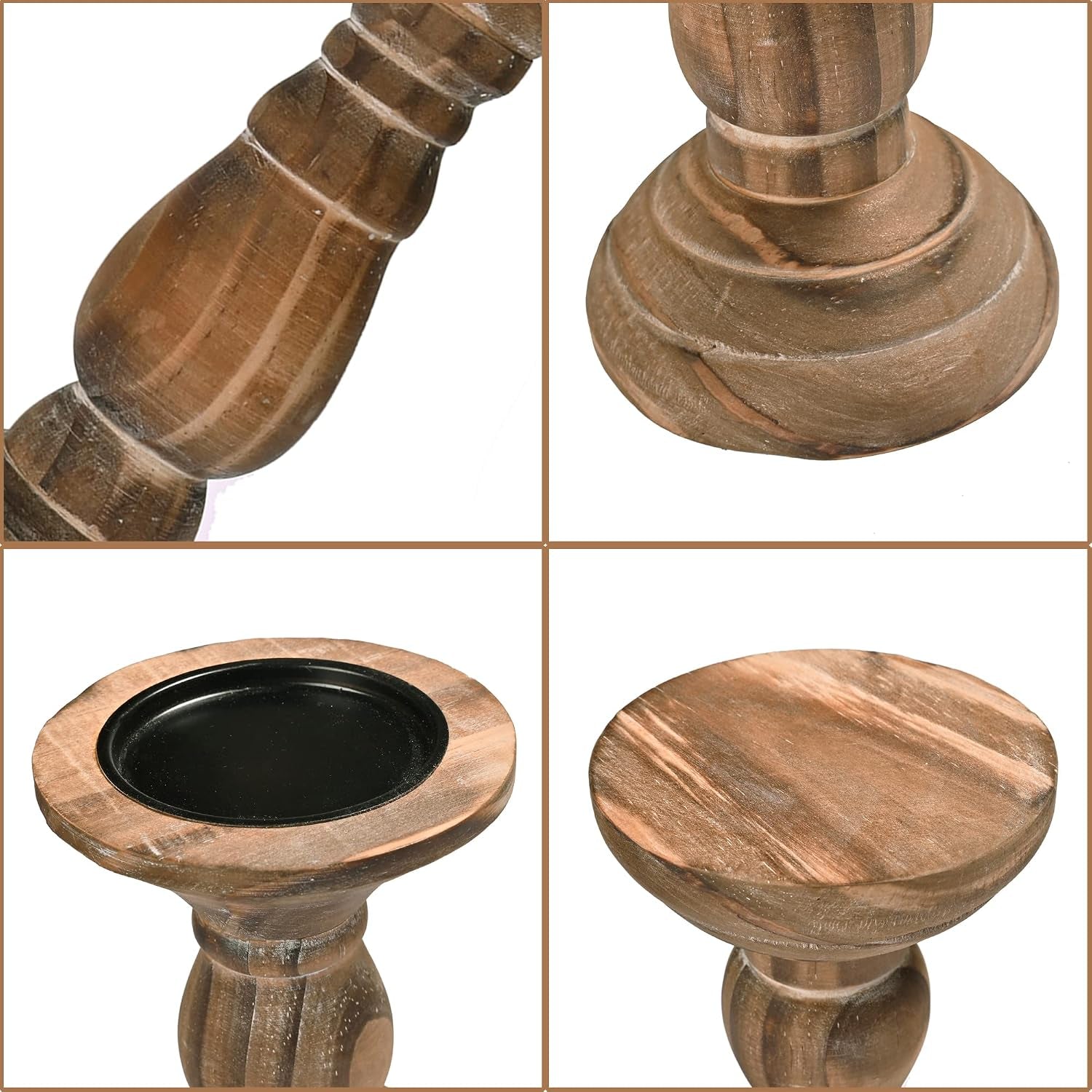 Pillar Candle Holder Set of 3, Brown Farmhouse Decor Living Room | Tall Candle Holders for Pillar Candles, Wood Candle Holders for Table Centerpieces Home Decor Kitchen Dining Room Table Decor