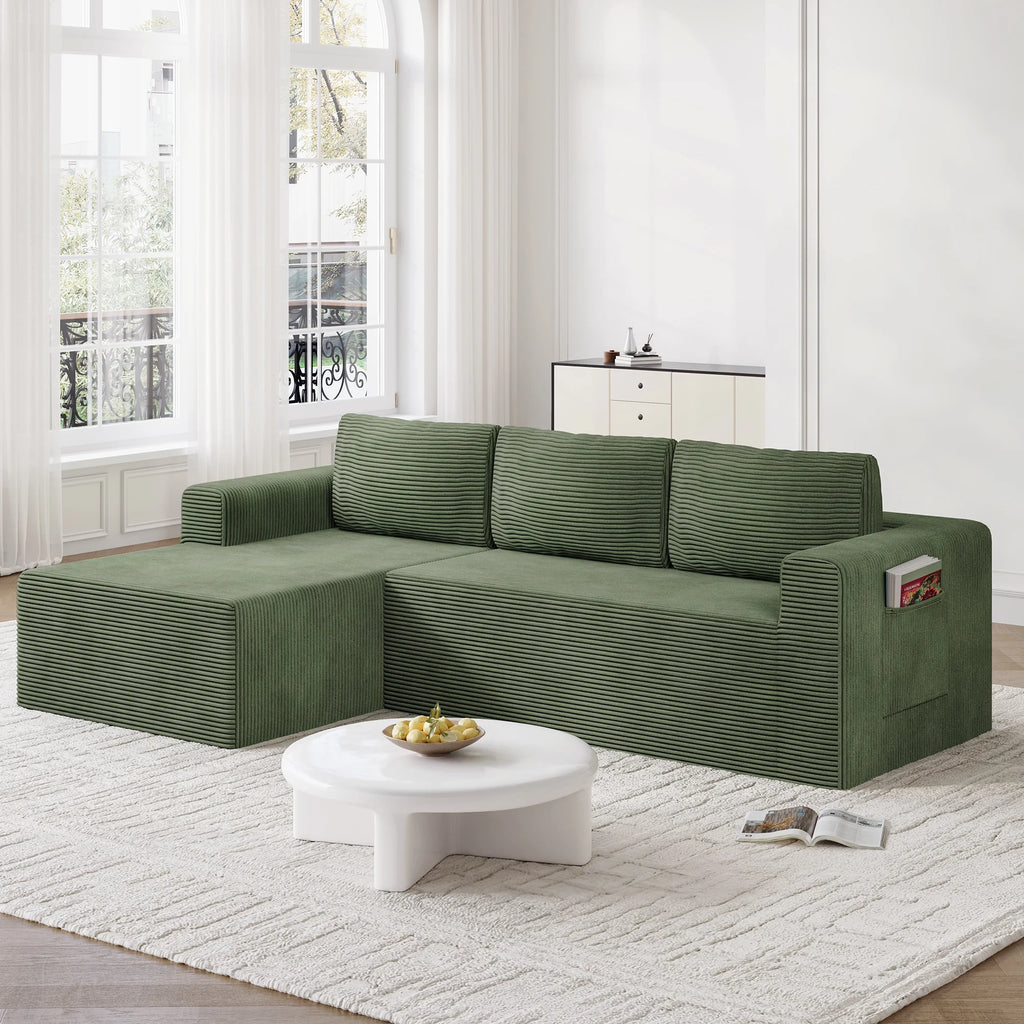 Modular Sectional Sofa Couches L-Shape Couch 3 Seat Modular Sofa Memory Foam Sectional Couches for Living Room, Cloud Couch with Oversized Chaise (Green Stripe, 94.5" Left Facing Chaise)