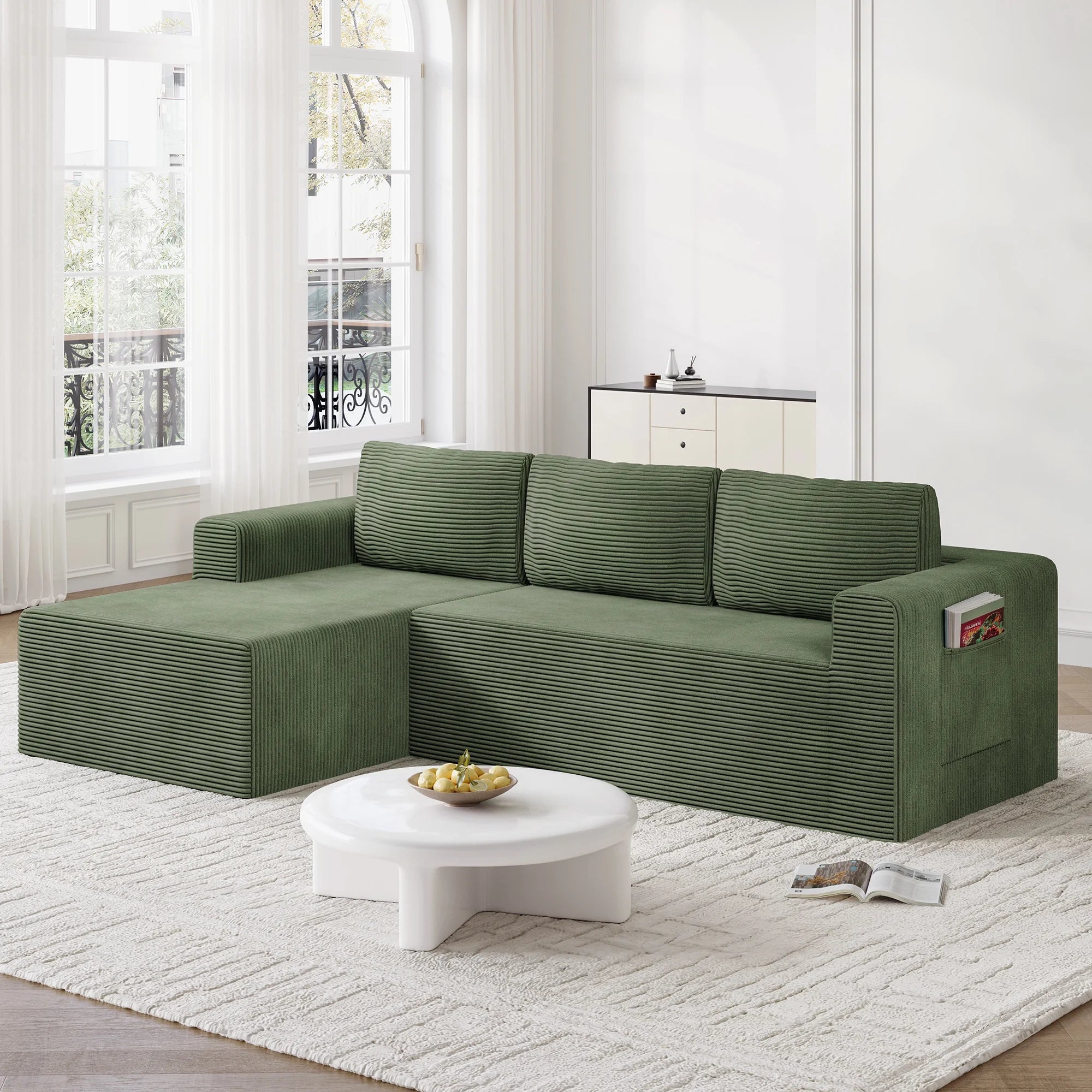 Modular Sectional Sofa Couches L-Shape Couch 3 Seat Modular Sofa Memory Foam Sectional Couches for Living Room, Cloud Couch with Oversized Chaise (Green Stripe, 94.5" Left Facing Chaise)