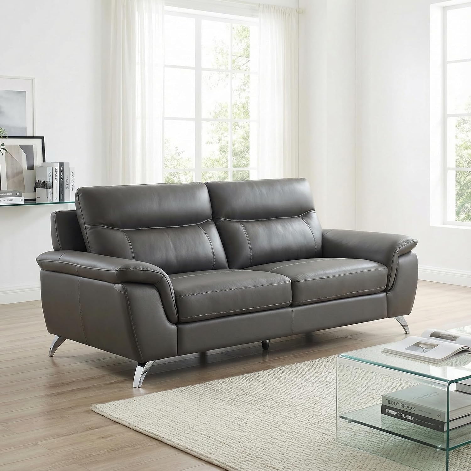 Chicago Genuine Leather Sofa, Dark Grey 79"
