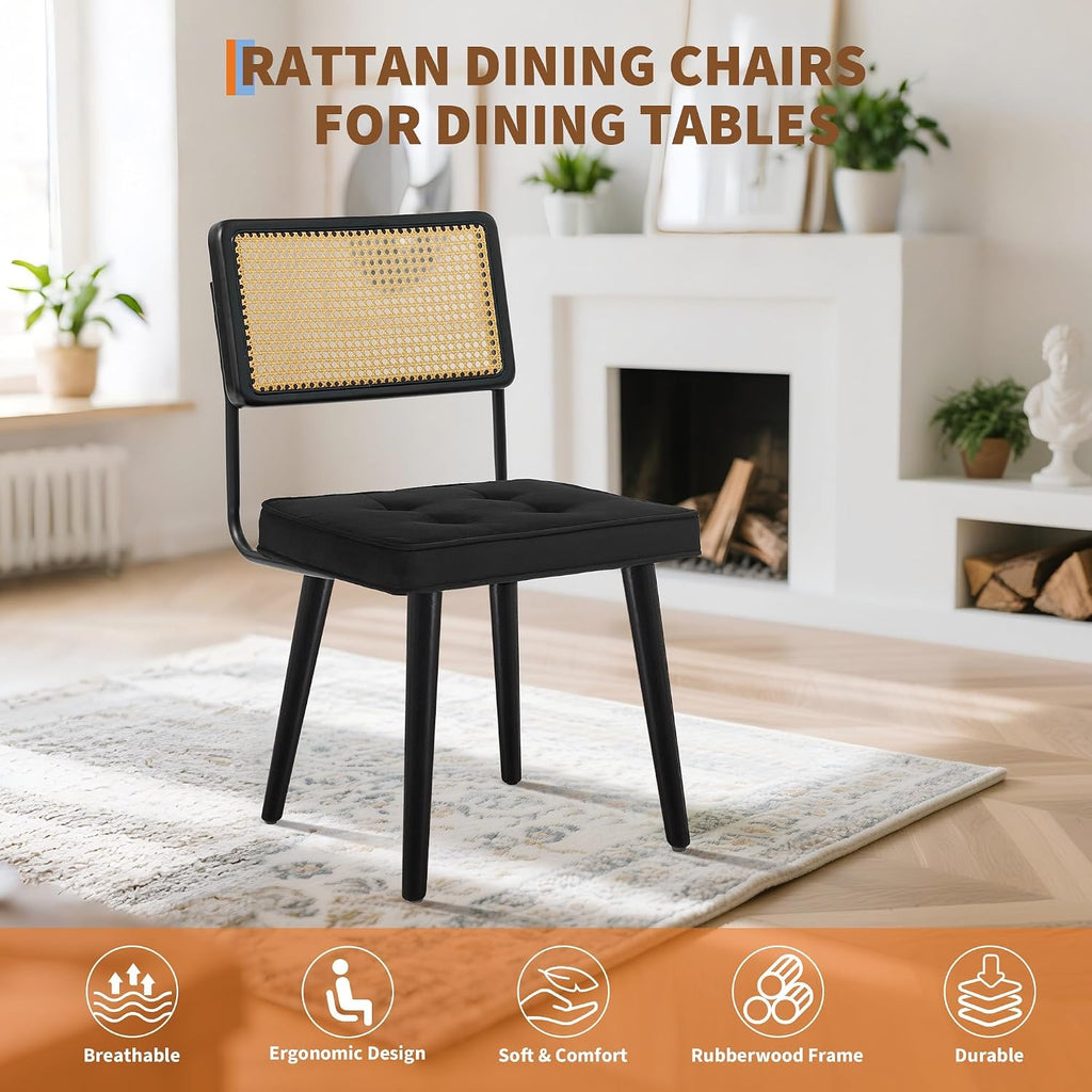 Natural Rattan Dining Chairs Set of 4, Linen Upholstered Kitchen Chairs with Tall Cane Backrest, Wood Legs, Mid Century Dining Room Chairs for Kitchen, Restaurant, Living Room(Velvet | Black)