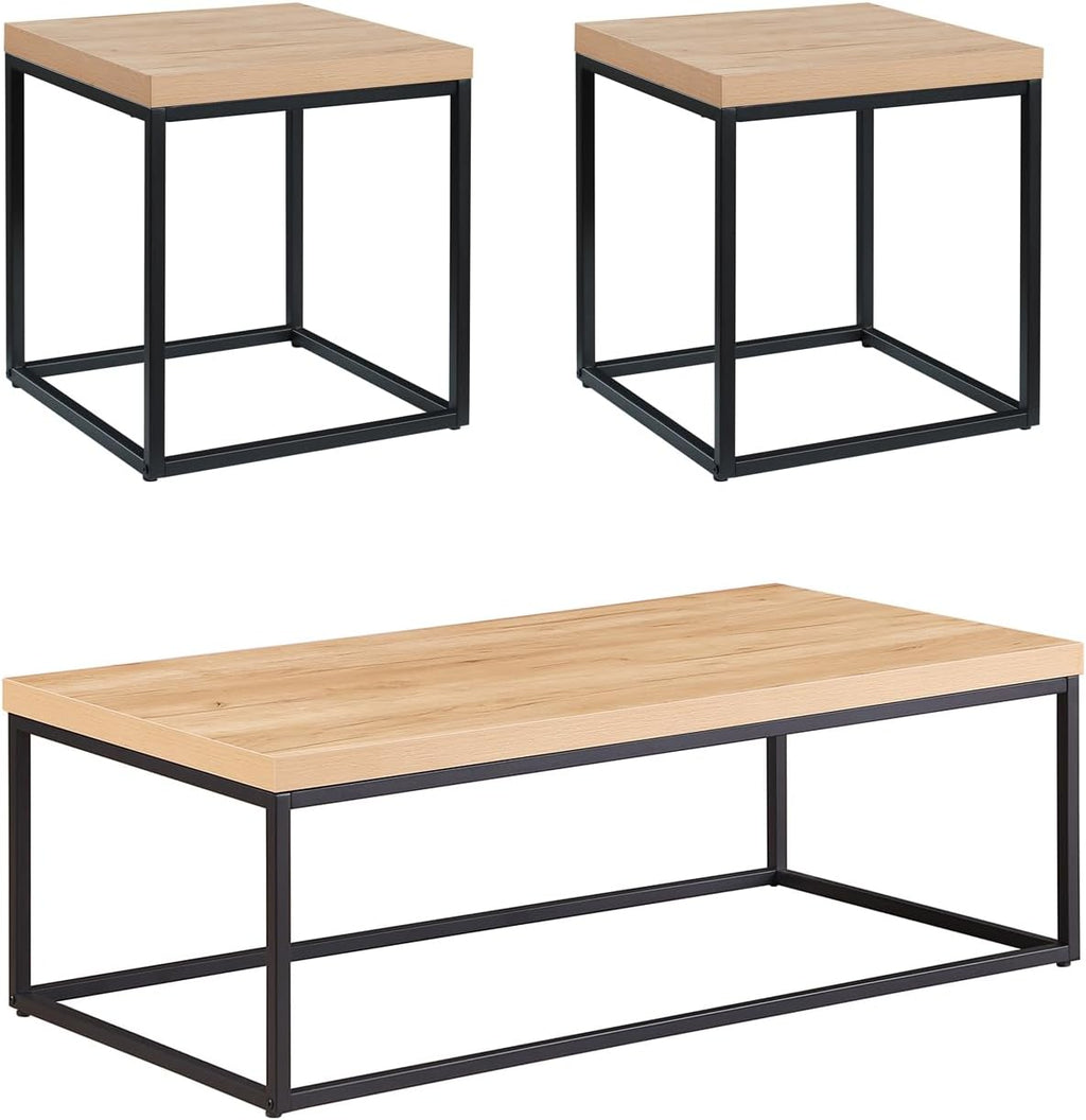 Natural Oak Coffee Table & End Table Set, 3-Piece Living Room Bundle – 47" Rectangle Center Table + 18" Square Side Table, Modern Industrial Wood & Metal Design (White Oak Finish)