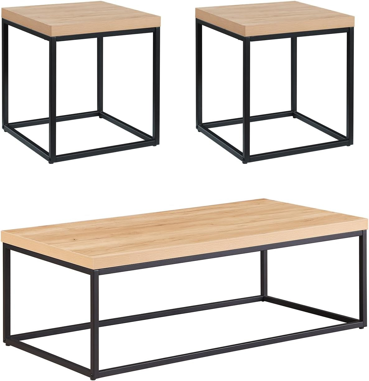 Natural Oak Coffee Table & End Table Set, 3-Piece Living Room Bundle – 47" Rectangle Center Table + 18" Square Side Table, Modern Industrial Wood & Metal Design (White Oak Finish)