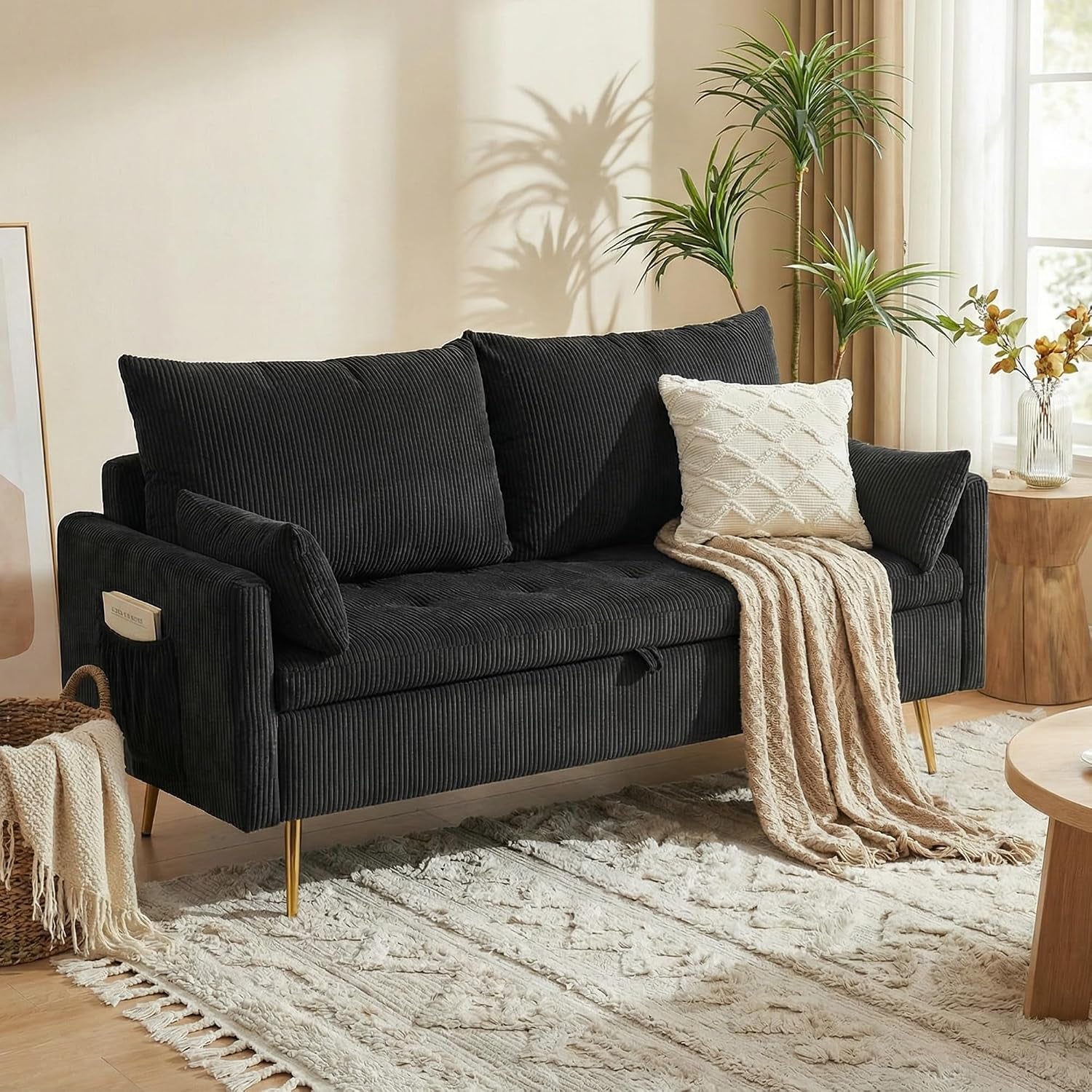 2 Seater Loveseat with Storage, 61" Corduroy Couch for Small Living Room, Bedroom, Tiny Homes & Lofts, Black