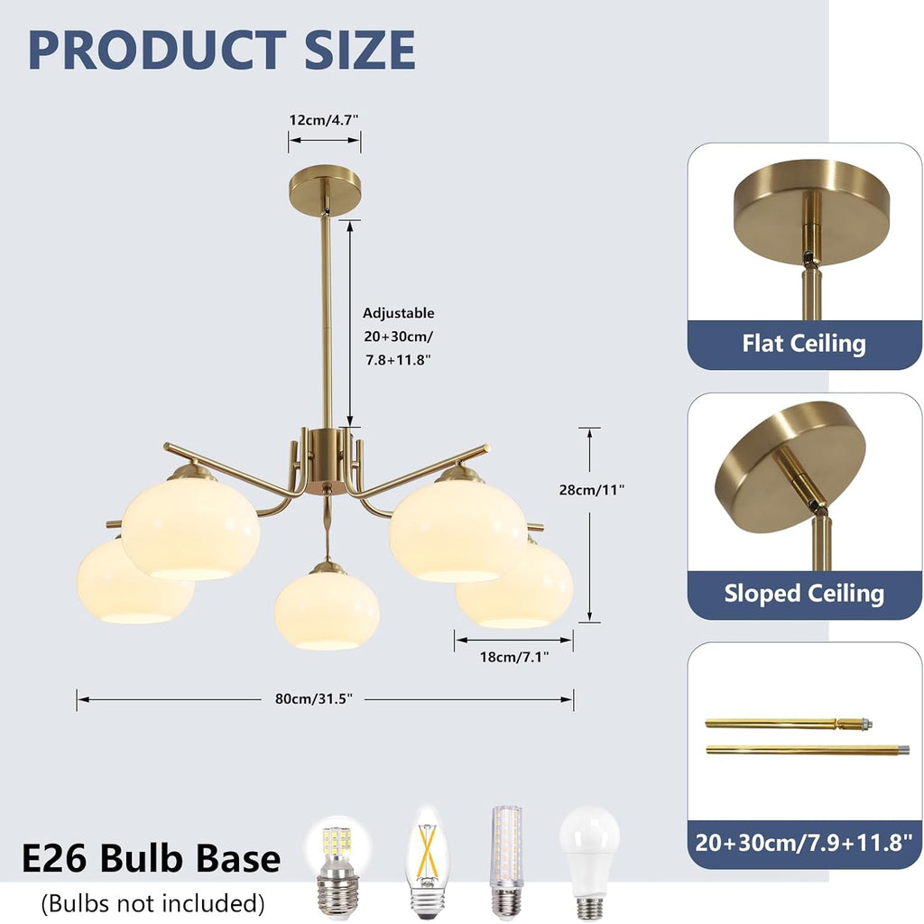 5-Light Brushed Brass Gold White Milk Glass Globe Sputnik Chandelier | 7.1” Shade, Adjustable Height, Mid Century Modern Ceiling Pendant Light Fixture for Dining Room Kitchen Living Room Bedroom