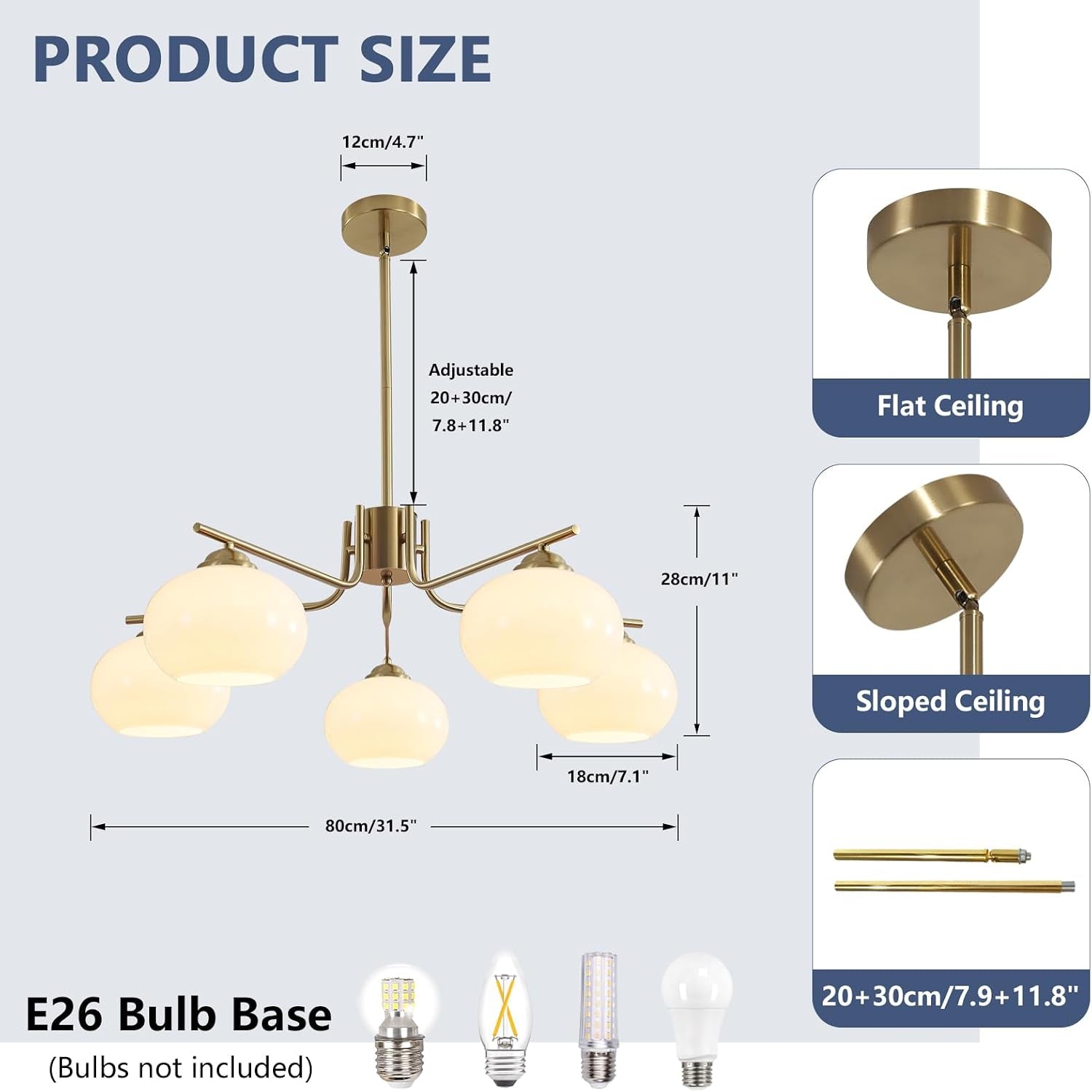 5-Light Brushed Brass Gold White Milk Glass Globe Sputnik Chandelier | 7.1” Shade, Adjustable Height, Mid Century Modern Ceiling Pendant Light Fixture for Dining Room Kitchen Living Room Bedroom