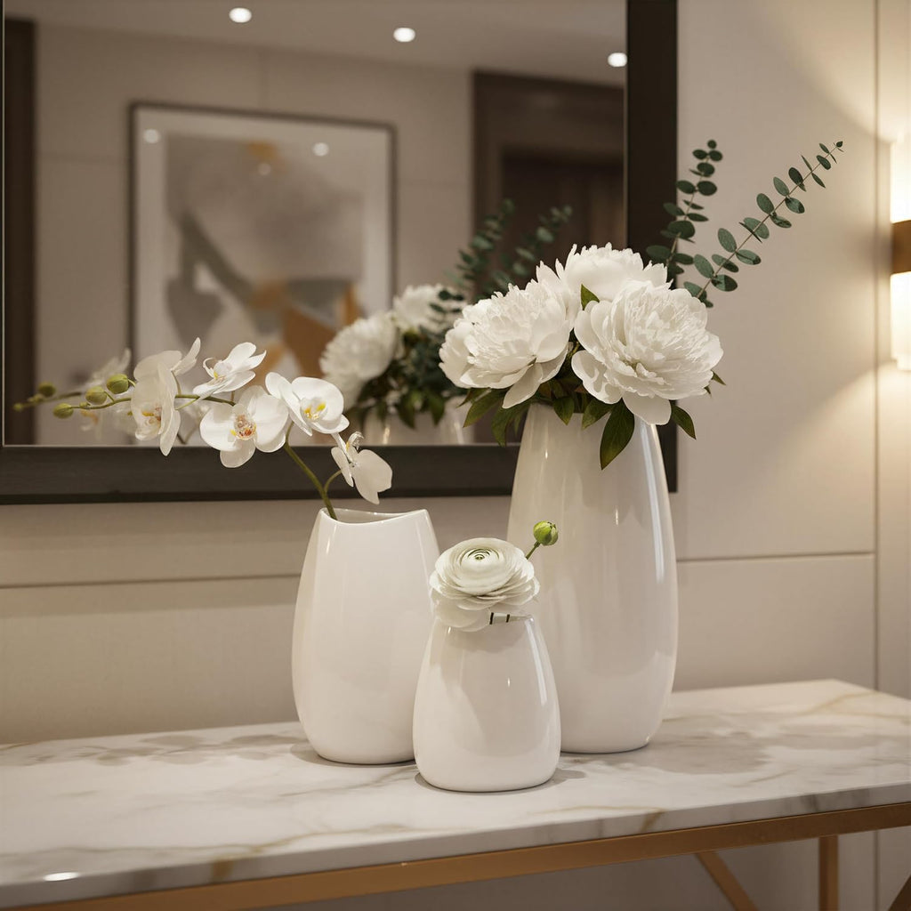 Ceramic Vase Set of 3 White Flower Vase for Home Decor, Modern Decorative Vases for Flowers/Ideal Shelf Decor/Table/Living Room/Kitchen/Office-White