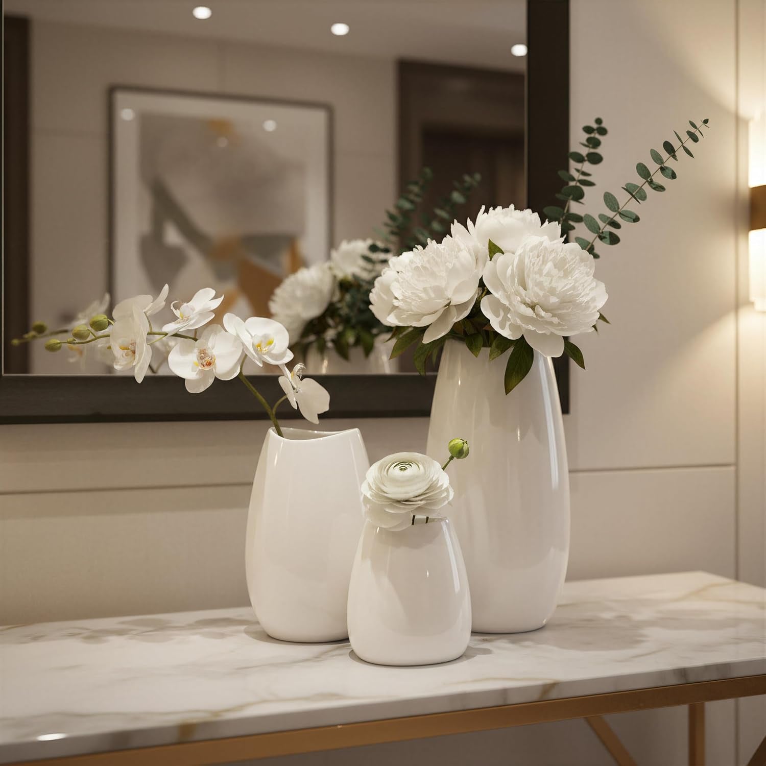 Ceramic Vase Set of 3 White Flower Vase for Home Decor, Modern Decorative Vases for Flowers/Ideal Shelf Decor/Table/Living Room/Kitchen/Office-White