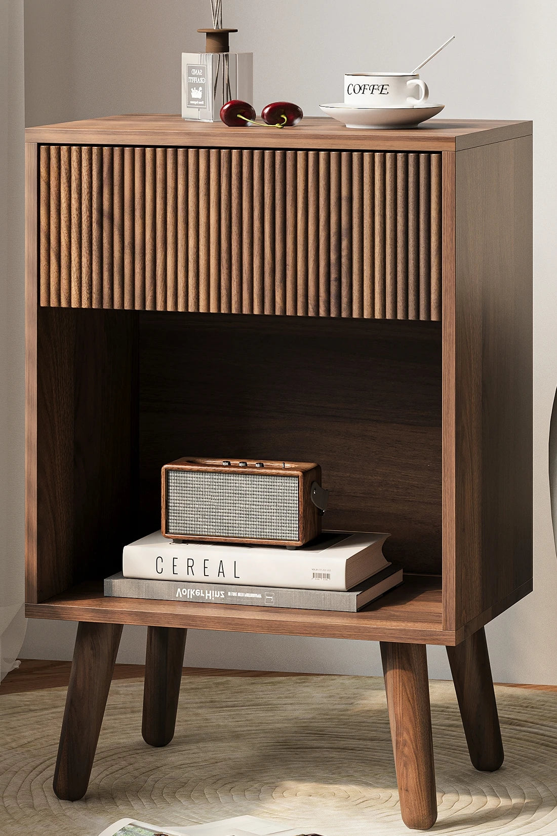 Aesthetic Fluted Nightstand Modern Bedside Table with Wood Drawer & Open Shelf | Mid-Century Room Decor