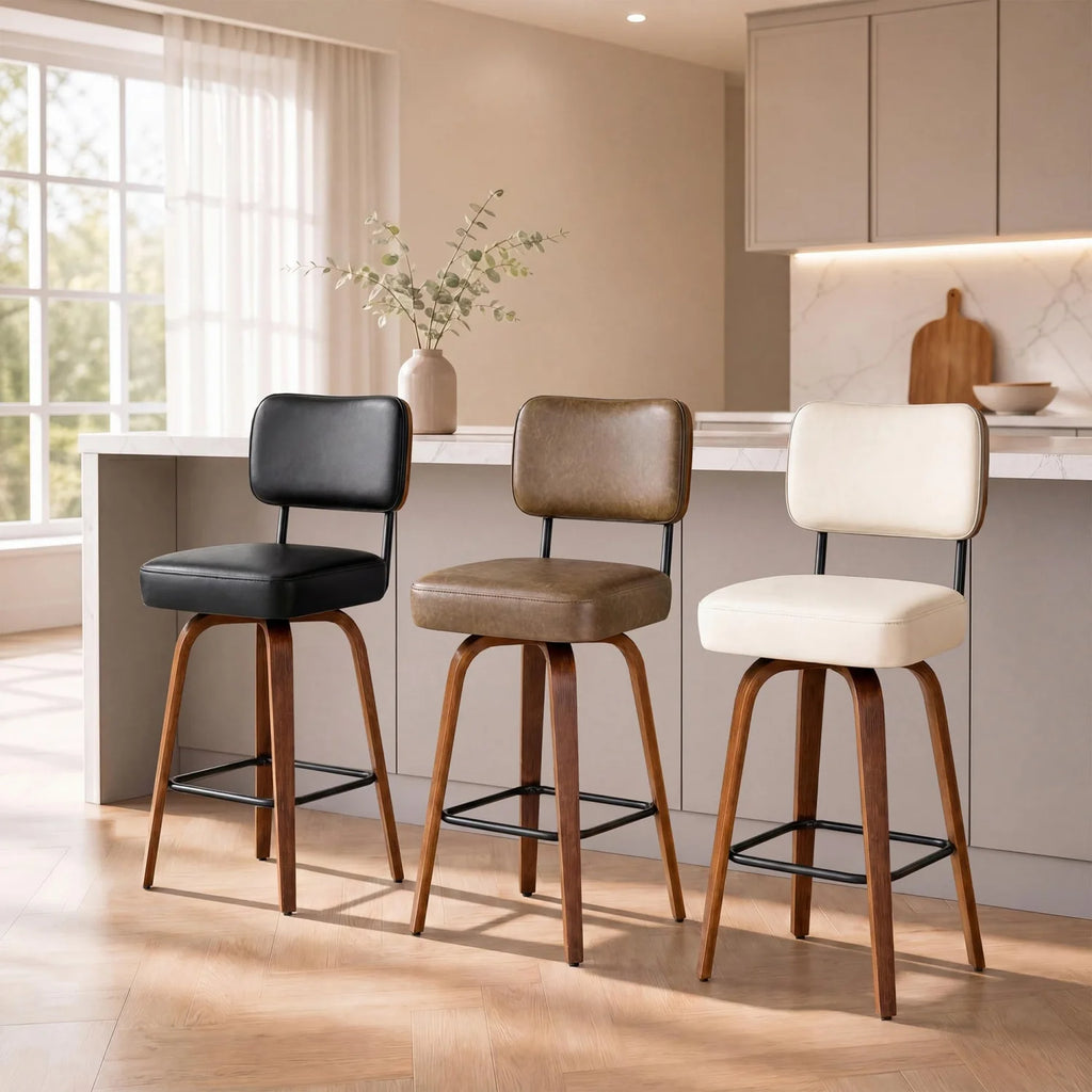 3 Pack Counter Height Bar Stools, Swivel Bar Stools with Back & Wood Legs,Faux Leather Upholstered Counter Stools for Kitchen Counter