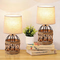 2 Pack Boho Rattan Table Lamps for Bedroom,Small Bedside Nightstand Lamp with Metal Cage Base Linen Shade,Farmhouse Coastal Rustic Living Room Bedroom Decor