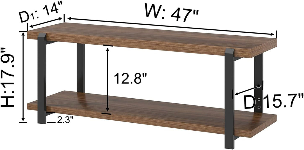 Entryway Bench with Shoe Storage, Modern End of Bed Bench, Wood and Metal Entry Bench for Hallway Front Door Entrance, Industrial Indoor Bench for Bedroom Living Room, Rustic Walnut, 47 Inch