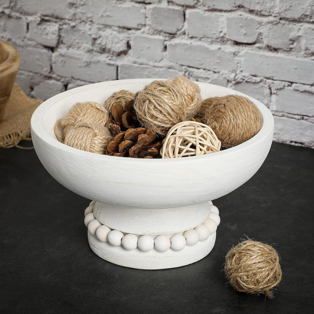 Wood Pedestal Decorative Bowl 8 Inch Wooden Distressed Beaded Bowl for Dining Table Centerpiece, Farmhouse, Serving and Home Décor(White)