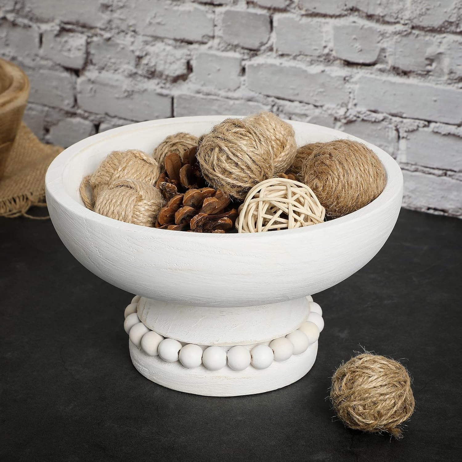 Wood Pedestal Decorative Bowl 8 Inch Wooden Distressed Beaded Bowl for Dining Table Centerpiece, Farmhouse, Serving and Home Décor(White)