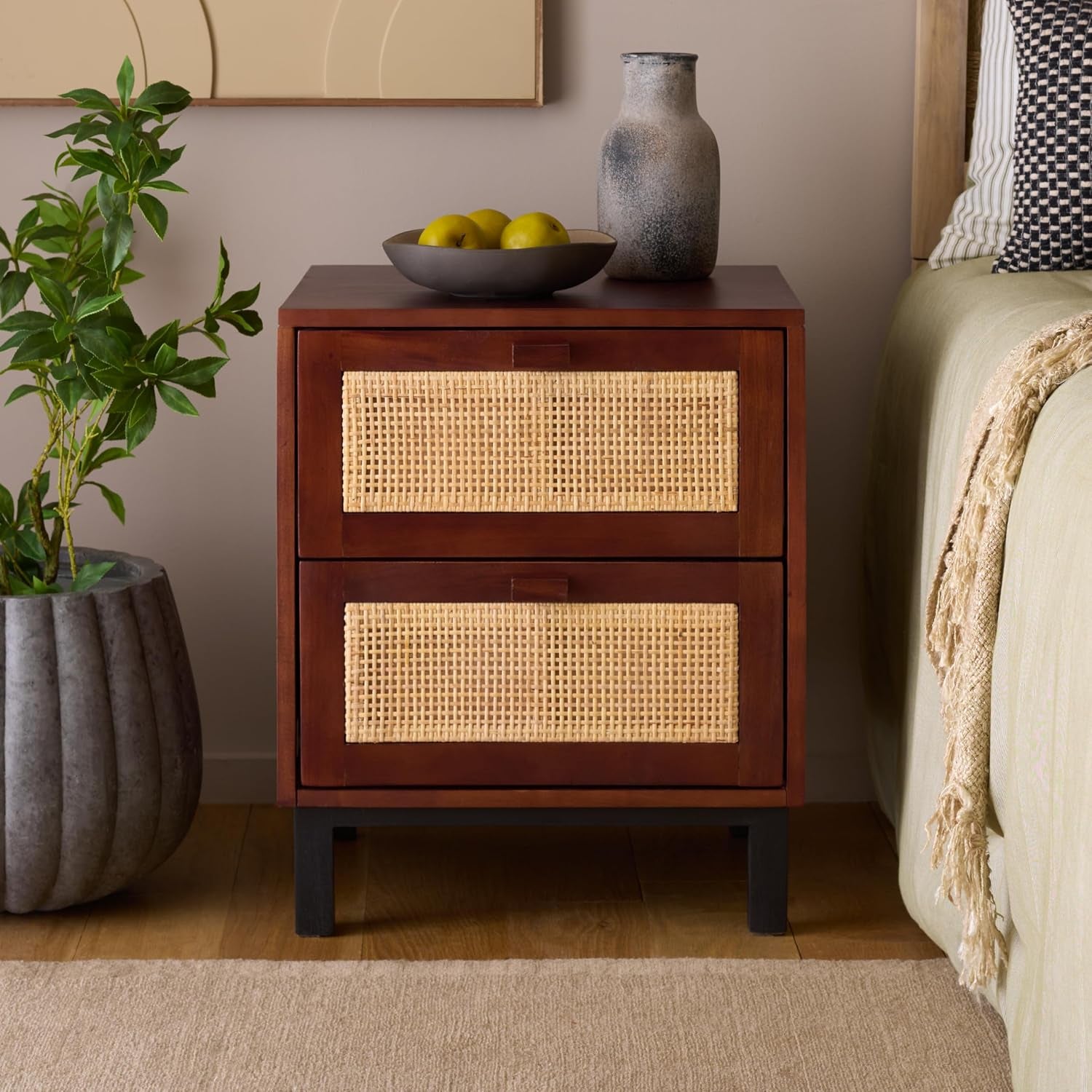 SAFAVIEH Home Collection - Erica 2-Drawer Nightstand Table, Natural Wood & Rattan Cane Bedside Storage (NST4006D)