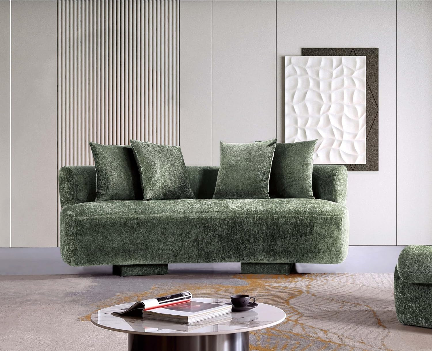 Verandah 90.6” Chenille Sofa with 4 Accent Pillows, Curved Back, Upholstered Wrap around Legs, Mid-Century Modern Living Room Furniture, Fully Assembled Couch, Olive Green