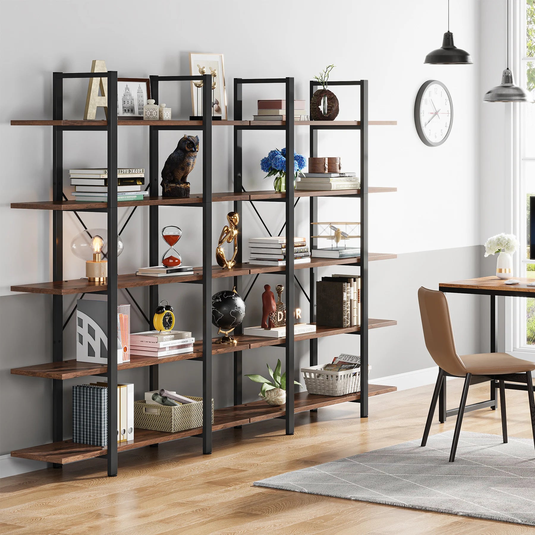 5-Tier Bookshelf, Vintage Industrial Style Bookcase 72 H X 12 W X 47L Inches