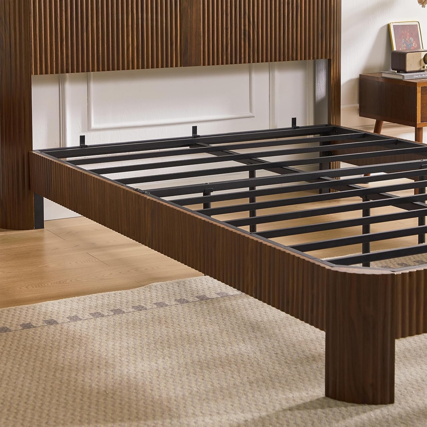 Full XL Bed Frame with Storage Headboard and Charging Station, Wavy Curved Design, Noise-Canceling, Metal Support, Walnut Finish, Full Extra Long Mattress Compatible, Walnut
