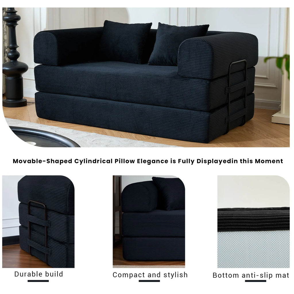 59" Boneless Folding Convertible Sofa Bed, Small 2-Seater Corduroy Futon Floor Couch with Pull Out Sleeper, No Assembly Boneless Loveseat for Living Room