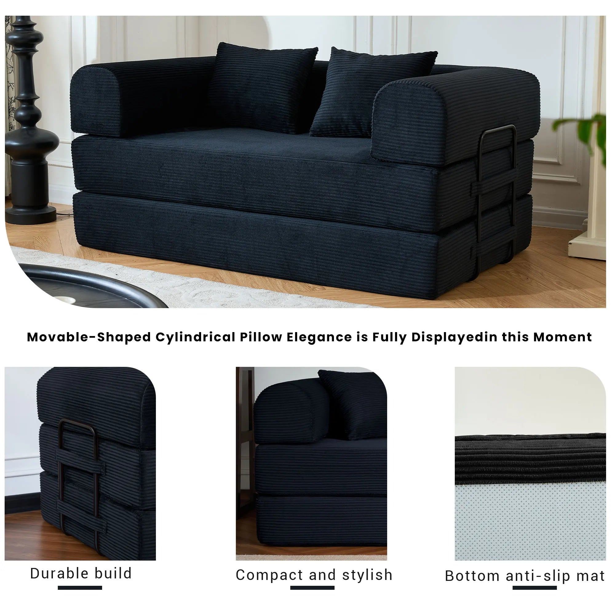 59" Boneless Folding Convertible Sofa Bed, Small 2-Seater Corduroy Futon Floor Couch with Pull Out Sleeper, No Assembly Boneless Loveseat for Living Room